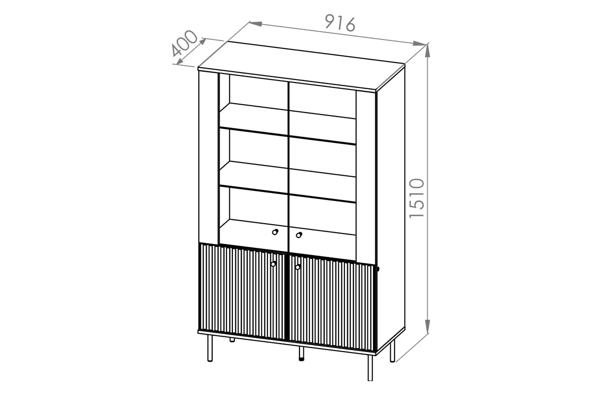 Stojací vitrína Jamuzi 92 cm - kašmírová / černé nožky Vitrína čtyřdveřová Sophie 03 s frézovaným čelem - kašmír / černé nožky - Rozměry