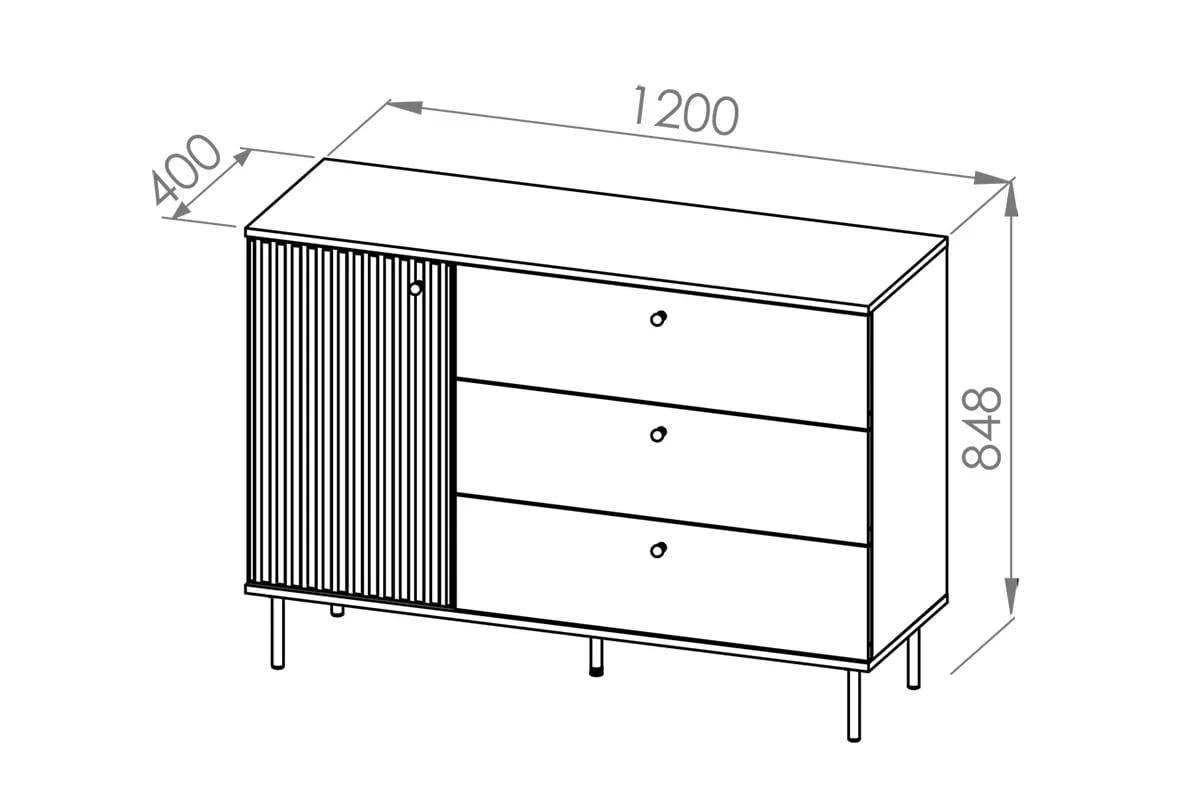 Komoda Jamuzi 120 cm - kašmírová / černé nožky Komoda jednodveřová s zásuvkami Sophie 05 s frézovaným čelem - kašmír / černé nožky - Rozměry