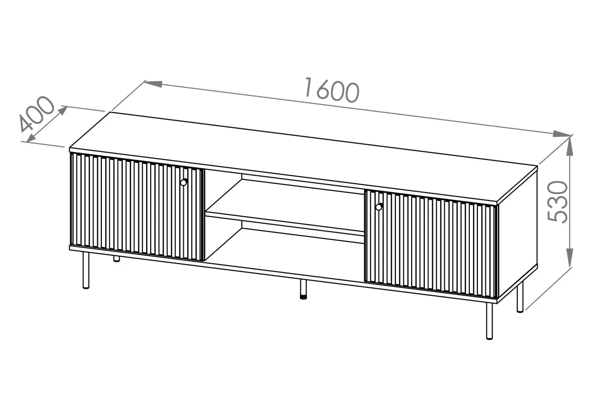 TV stolek Jamuzi 160 cm - kašmírová / černé nožky TV skříňka dvoudveřová Sophie 06 s frézovaným čelem - kašmír / černé nožky - Rozměry
