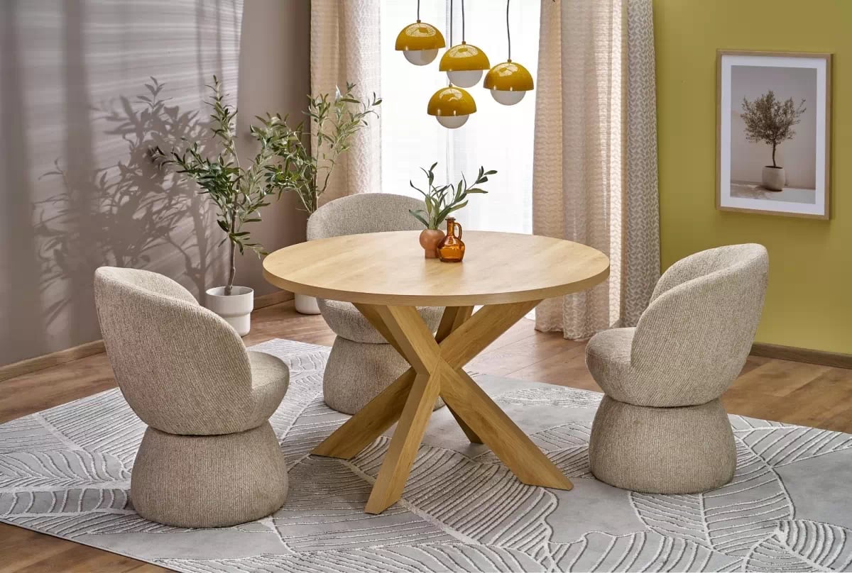Jedálenský set Orleno okrúhly stôl + 4 stoličky Iverto - prírodný dub / béžová Stôl okragly Orleno s tromi tapicerowanymi krzeslami Iverto - Dub prírodné / béžový 
