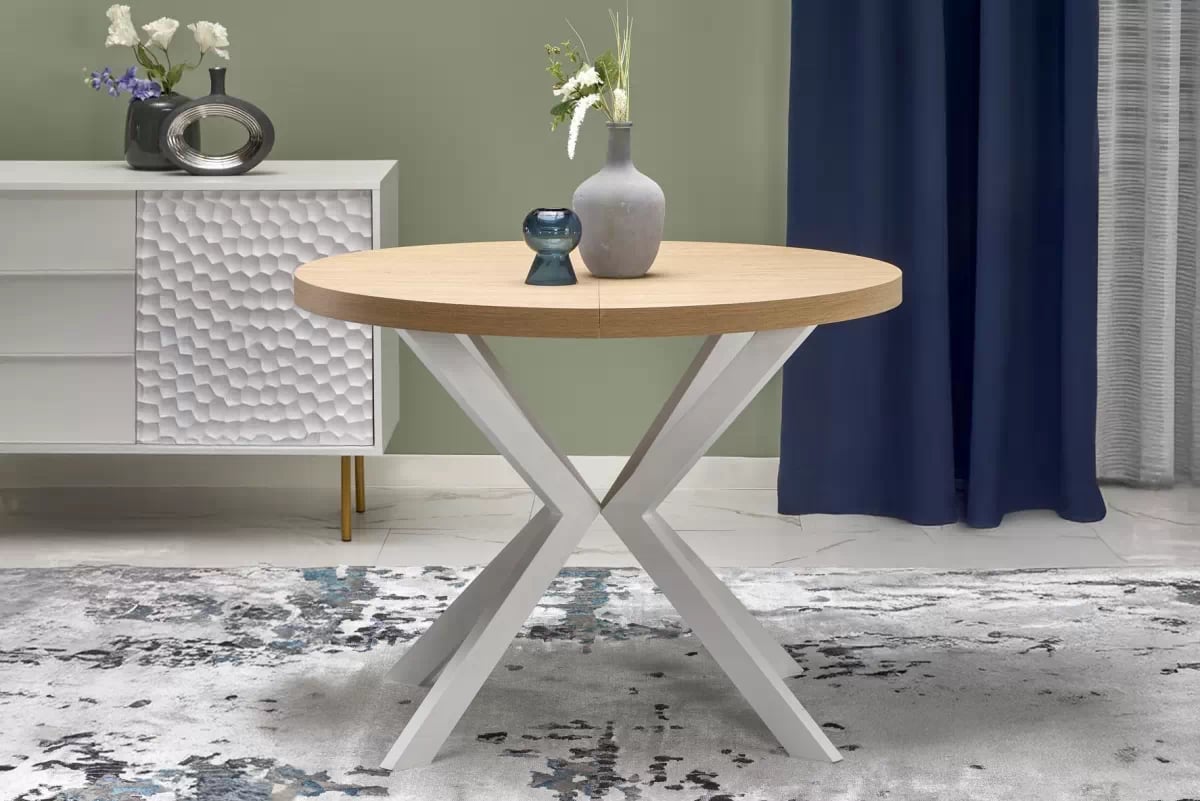 Okrúhly rozkladací stôl Peroni 100-250x100 cm - dub zlatý / biela Stôl okragly Peroni rozkladany 100-250 cm - Dub zlaté / biale nožičky