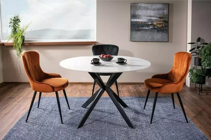 Okrúhly stôl Solmira 120 cm keramický - biely mramor / čierne nohy Stôl okragly Solmira 120 cm ceramiczny - Biely mramor / čierny nožičky 