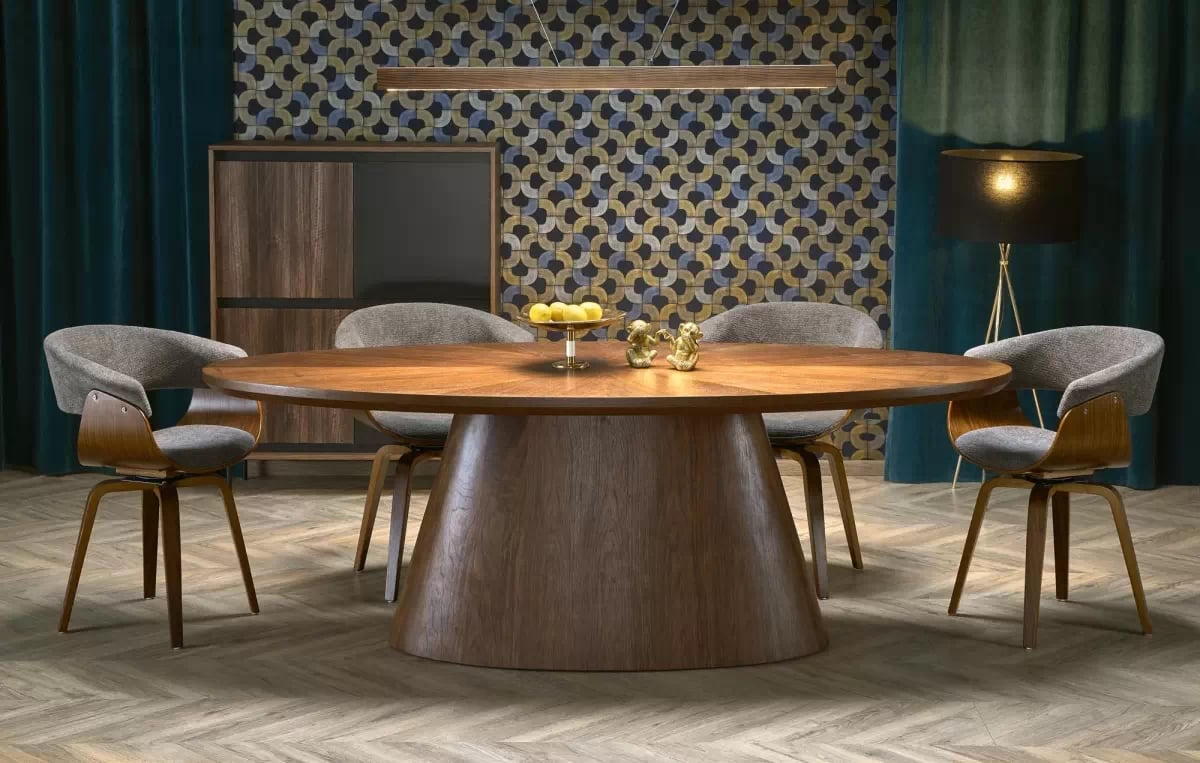 Oválny stôl Lunver a 4 stoličky Fioren - orech / popolavý šenil Aragon 97 / orech Stôl owalny Lunver z czterema krzeslami tapicerowanymi Fioren - Orech / Popolový šenil Aragon 97 / Orech 