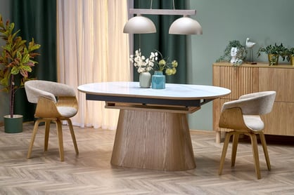 Biely oválny stôl Solvian 160-240x90 cm rozkladací - biely mramor / dub Stôl owalny Solvian 160-240x90 cm rozkladany - Biely mramor / Dub