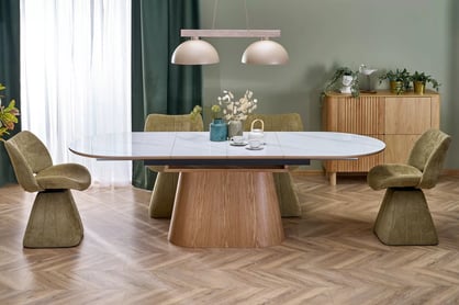 Biely oválny stôl Solvian 160-240x90 cm rozkladací - biely mramor / dub Stôl owalny Solvian 160-240x90 cm rozkladany - Biely mramor / Dub