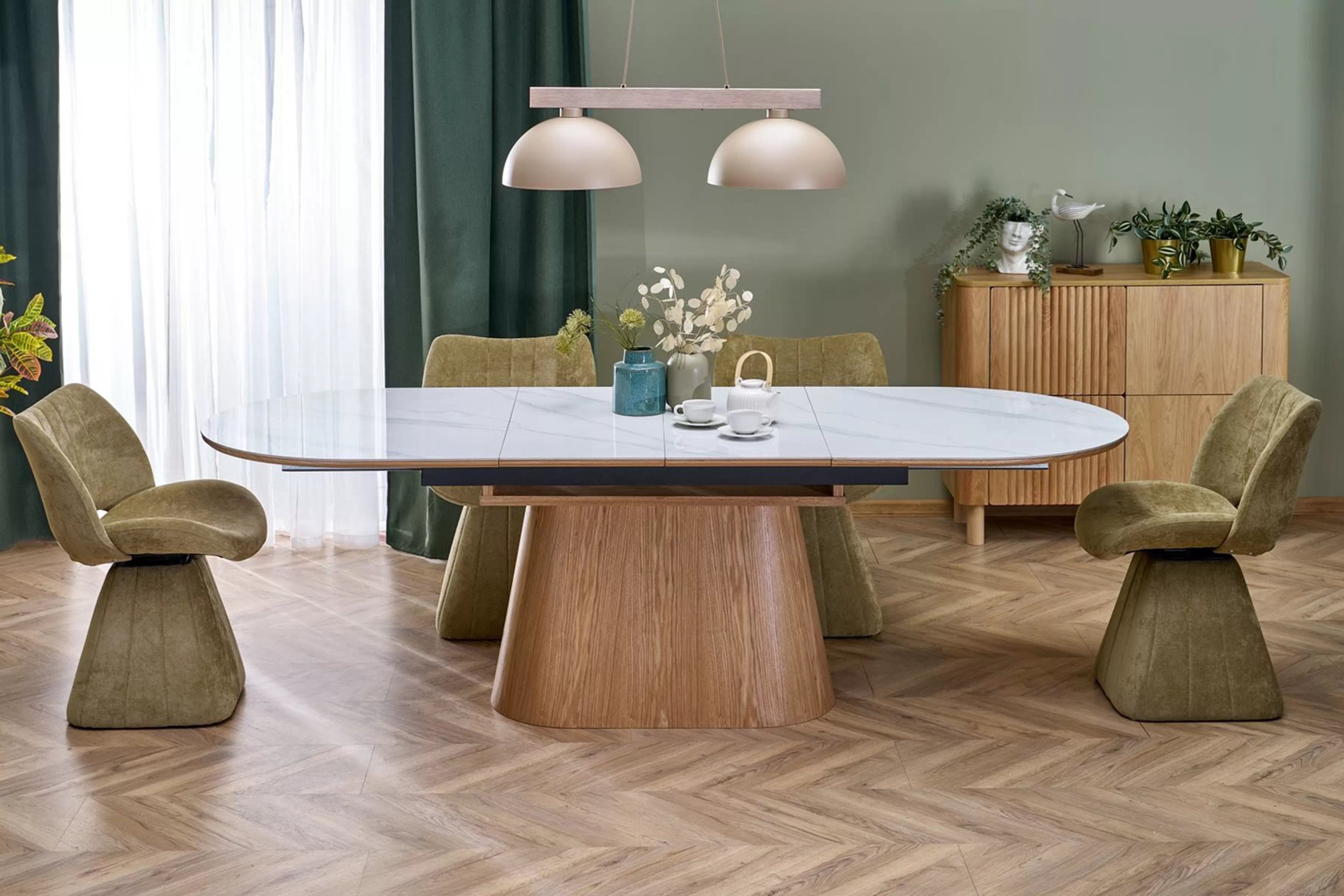 Biely oválny stôl Solvian 160-240x90 cm rozkladací - biely mramor / dub Stôl owalny Solvian 160-240x90 cm rozkladany - Biely mramor / Dub