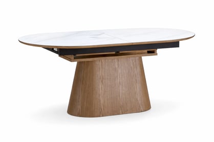 Biely oválny stôl Solvian 160-240x90 cm rozkladací - biely mramor / dub Stôl owalny Solvian 160-240x90 cm rozkladany - Biely mramor / Dub