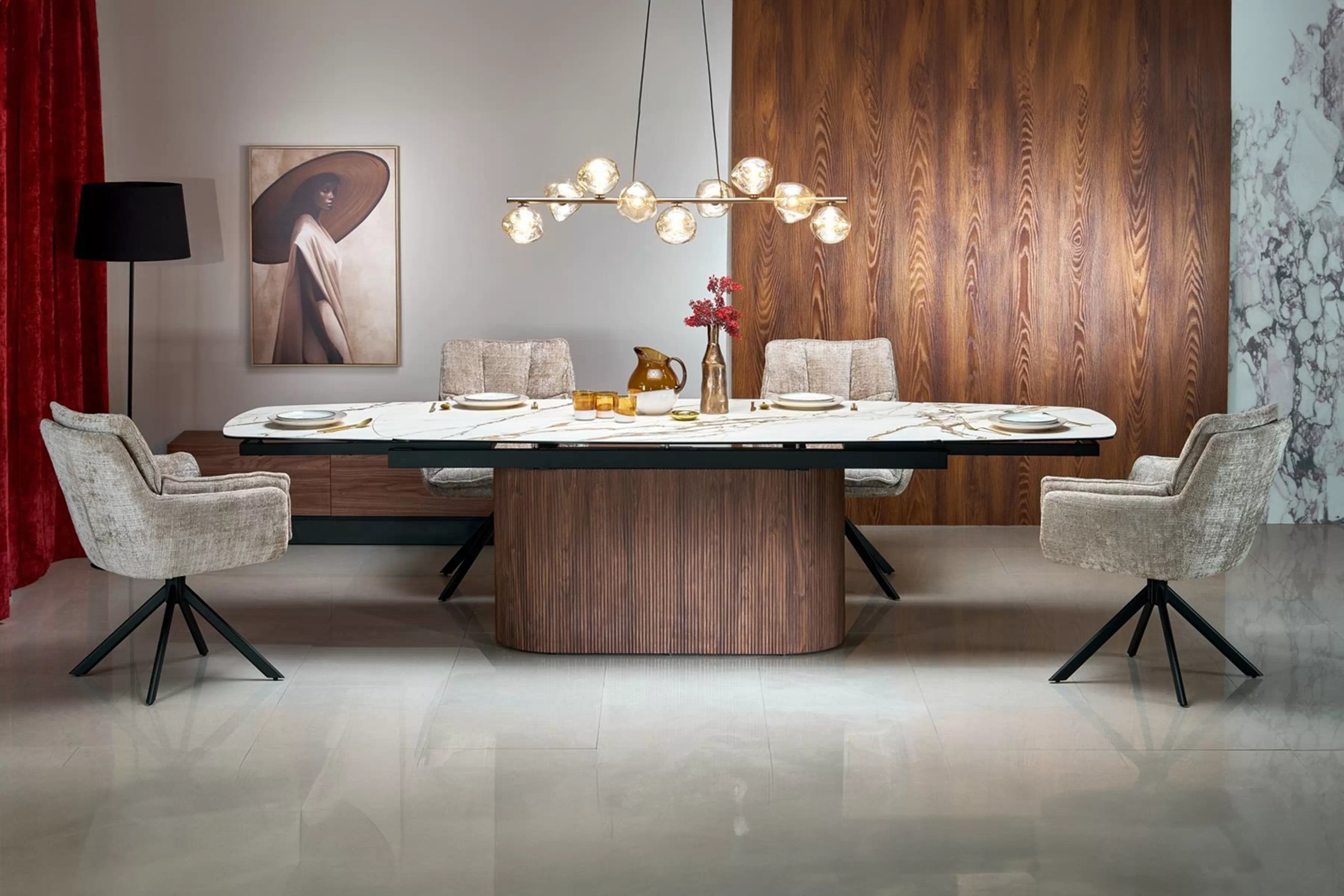 Biely rozkladací stôl Virex 200-300x100 cm - mramor a orech Stôl prostokatny Virex 200-300x100 cm rozkladany - Biely mramor / Orech