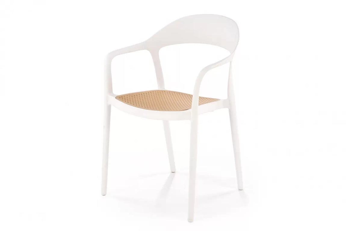Rozkladací jedálenský set Larco + 4 stoličky Veltro – biely / biele sedadlo / prírodné nožičky Stôl rozkladany Larco z czterema krzeslami Veltro - biela / biela / prírodné