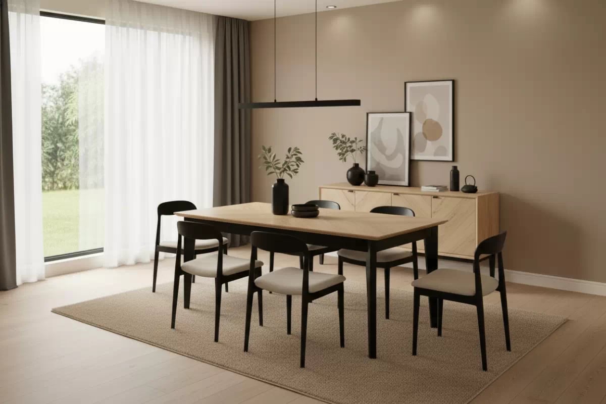 Rozkládací jídelní stůl Liroden 160-240x90 cm dřevěný - dub přírodní / černá Stůl rozkladany Liroden 160-240x90 cm dřevo - dub přírodní / černá