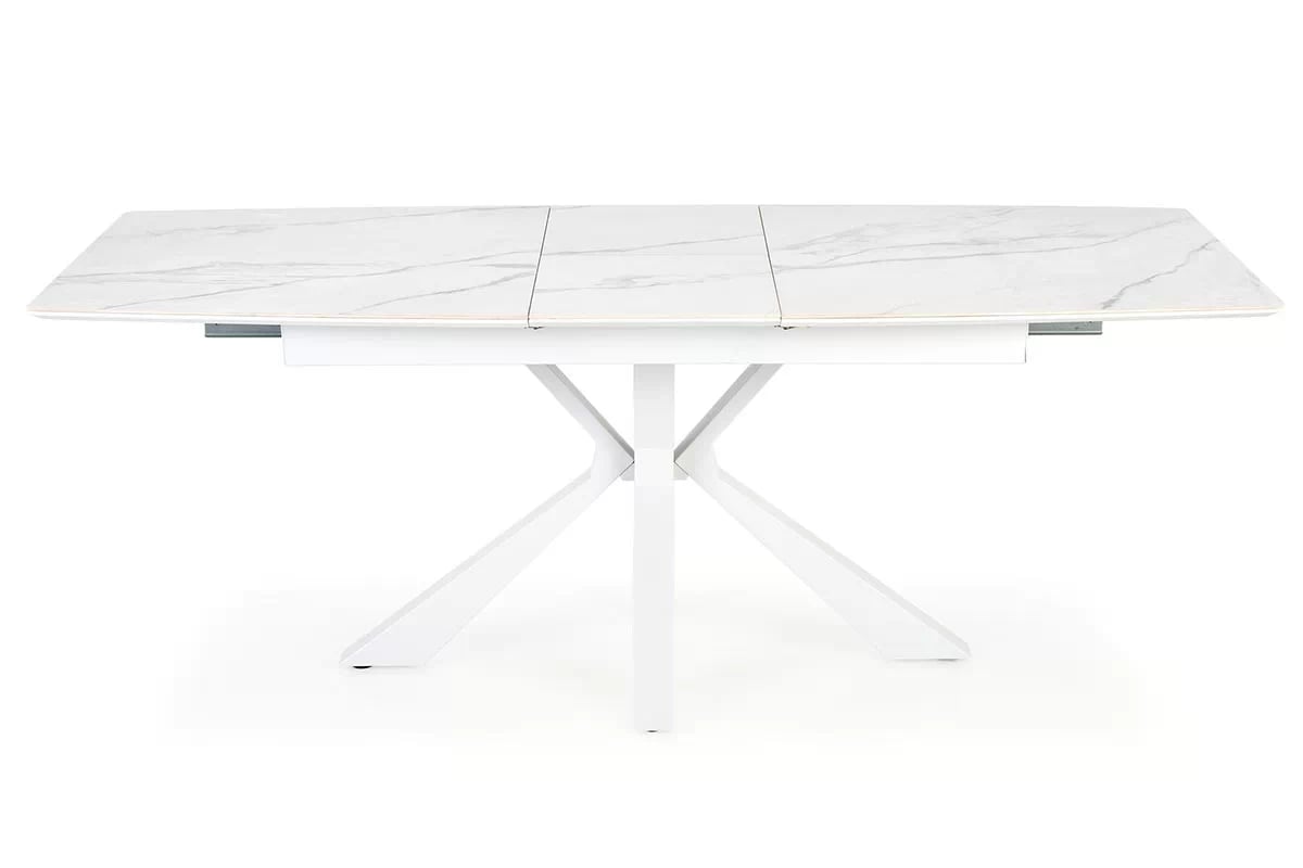 Rozkladací stôl Nolvari + 4 stoličky Estavio - biely mramor / krémová bouclé Stôl rozkladany Nolvari z czterema tapicerowanymi krzeslami Estavio - Biely mramor / boucle Krémový 