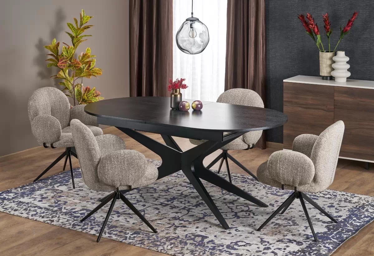 Rozkladací stôl Selvio a 4 stoličky Olton - čierna / tmavobéžová Stôl rozkladany Selvio z czterema krzeslami tapicerowanymi Olton - Čierny / tmavobéžová