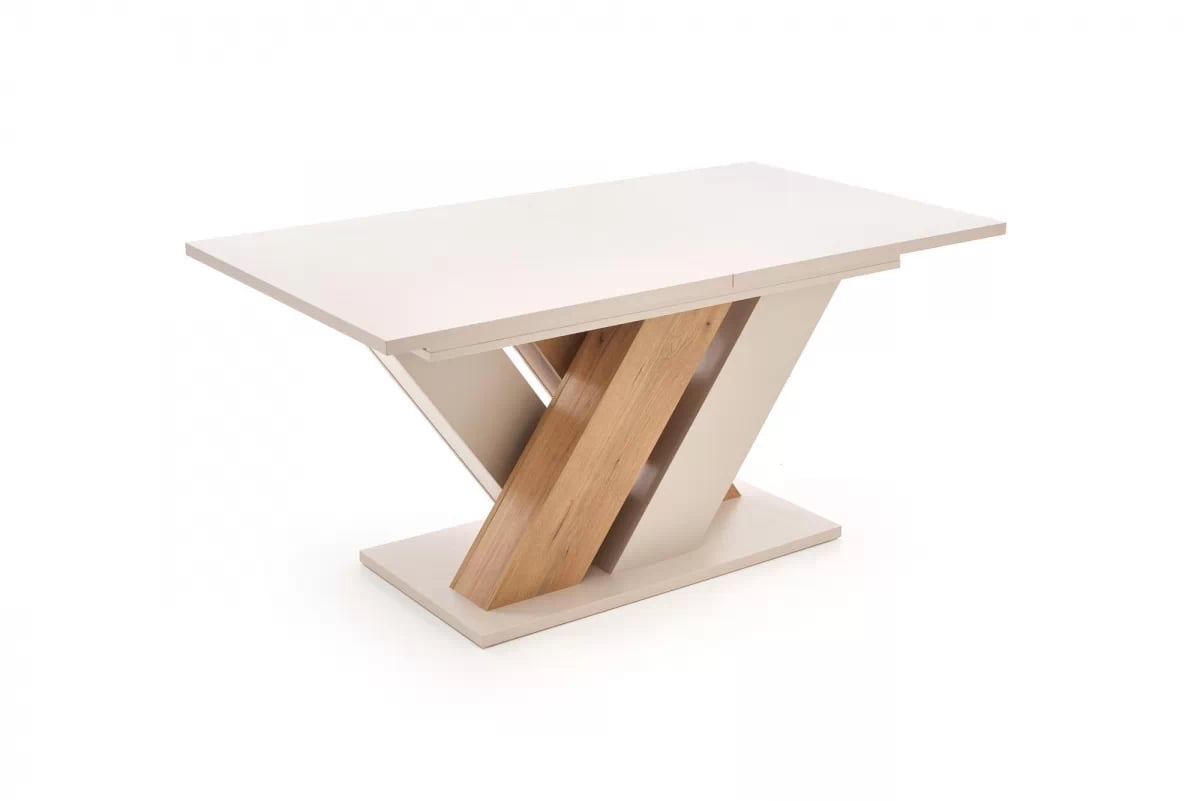 Rozkladací stôl Silvano a 4 stoličky Isario - kašmír / dub cremona / béžová Cremona 14 / prírodný dub Stôl rozkladany Silvano z czterema krzeslami tapicerowanymi Isario - kašmír / Dub cremona / béžový Cremona 14 / Dub prírodné 