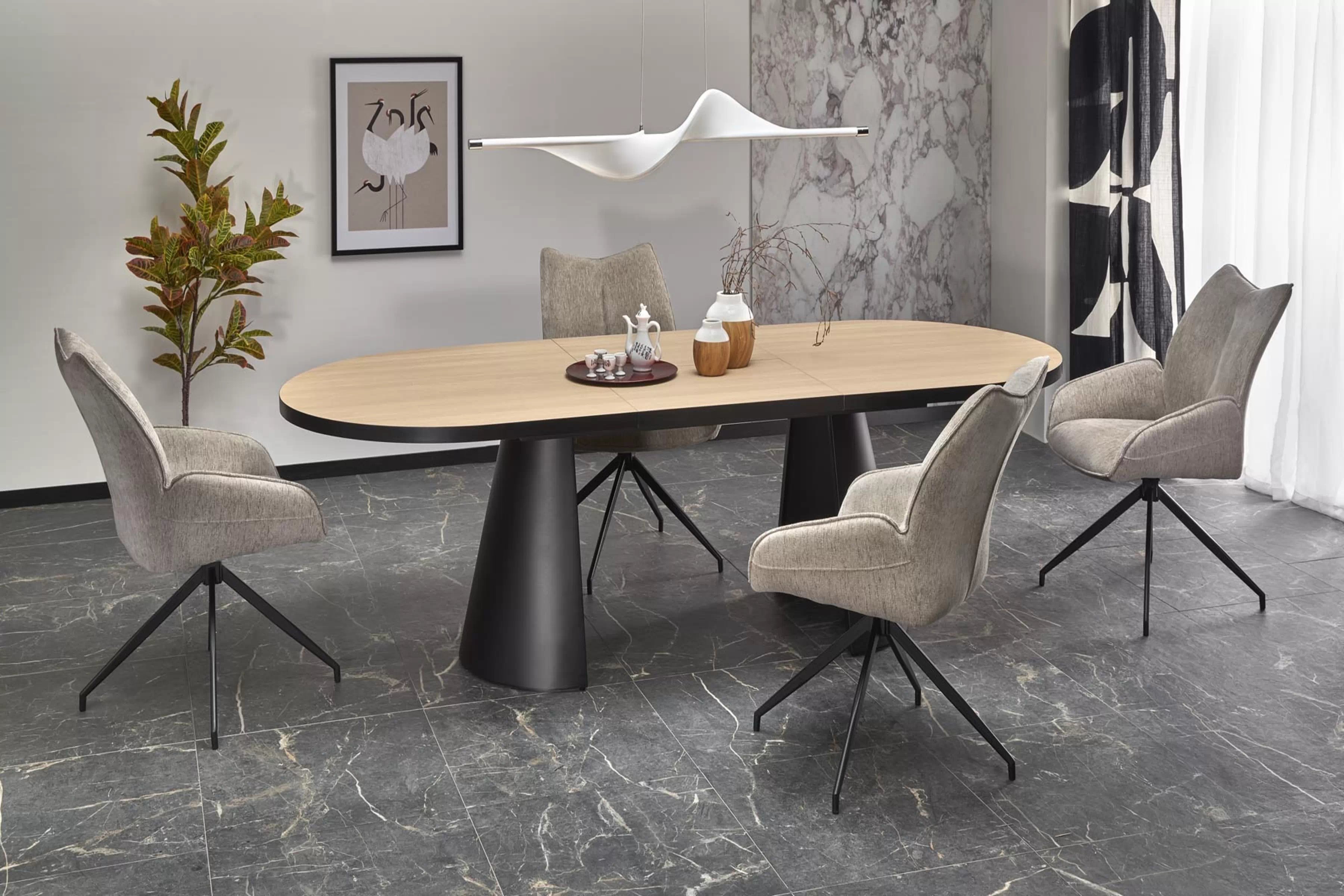 Rozkladací stôl Zavio a 4 stoličky Arelis - prírodný, čierne nohy, béžová Stôl rozkladany Zavio z czterema krzeslami tapicerowanymi Arelis  - prírodné/čierny nožičky/béžový