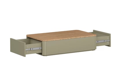 Kávový stolík Amilio 100 cm so zásuvkami - eukalyptus / dub baltic dune Kávový stolík Amilio 100 cm olivovo zelený s dubovou doskou a dvoma vysunutými zásuvkami