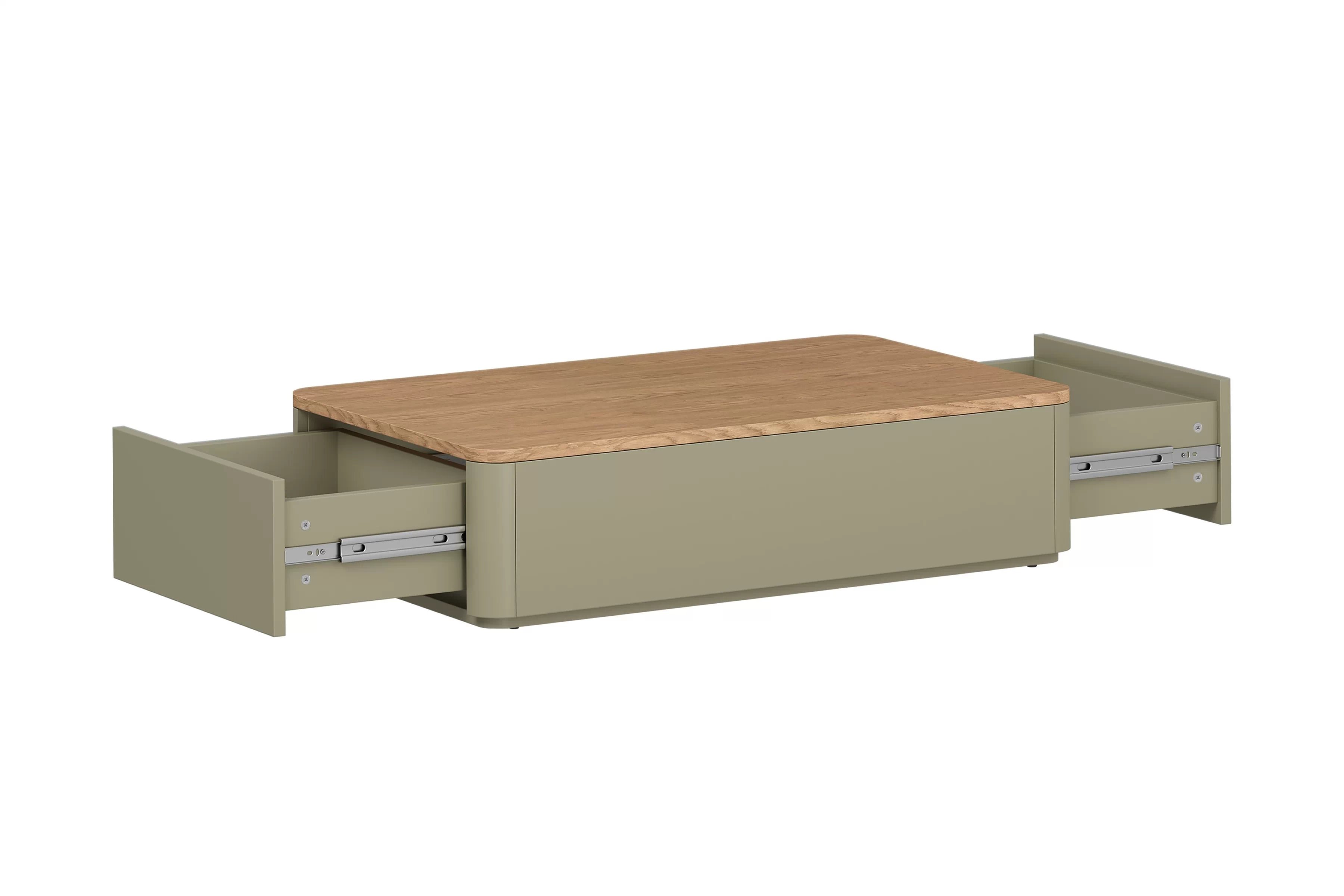 Kávový stolík Amilio 100 cm so zásuvkami - eukalyptus / dub baltic dune Kávový stolík Amilio 100 cm olivovo zelený s dubovou doskou a dvoma vysunutými zásuvkami