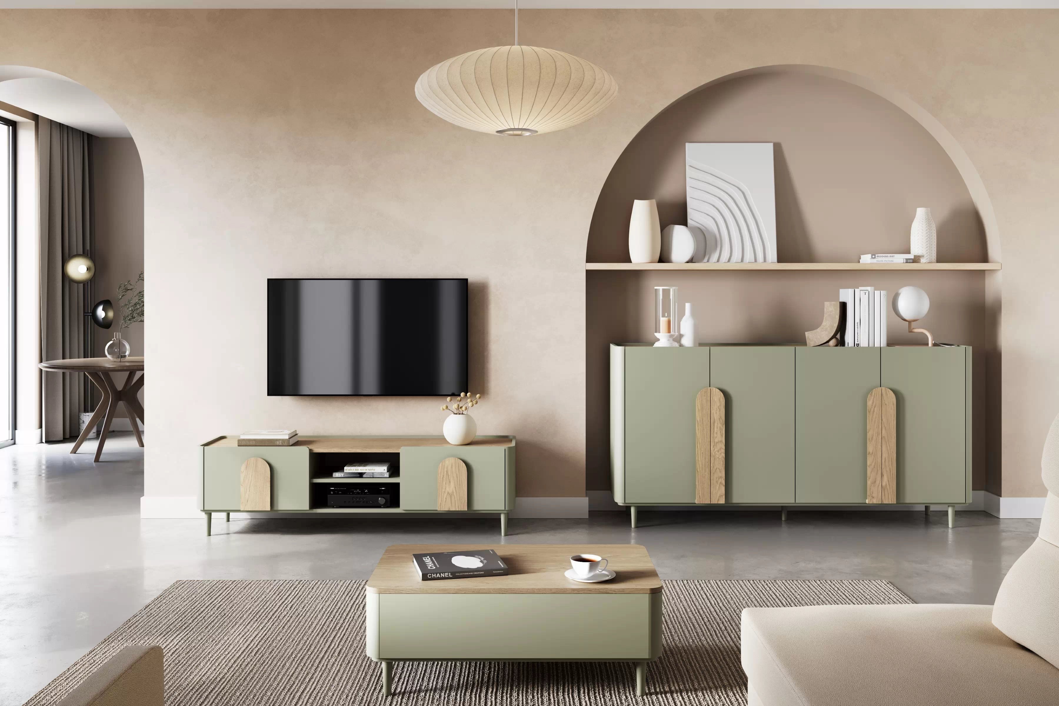 Konferenčný stolík Amilio 100 cm so zásuvkami - eukalyptus / dub baltic dune Stolík kawowy Amilio 100 cm so zásuvkami na nôžkach - eukaliptus / Dub baltic dune