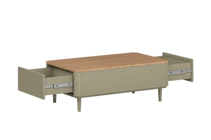 Konferenční stolek Amilio 100 cm s šuplíky na nožkách - eukalyptus / dub baltic dune Konferenční stolek Amilio 100 cm s push-to-open zásuvkami, eukalypt a dřevěná deska dąb baltic dune