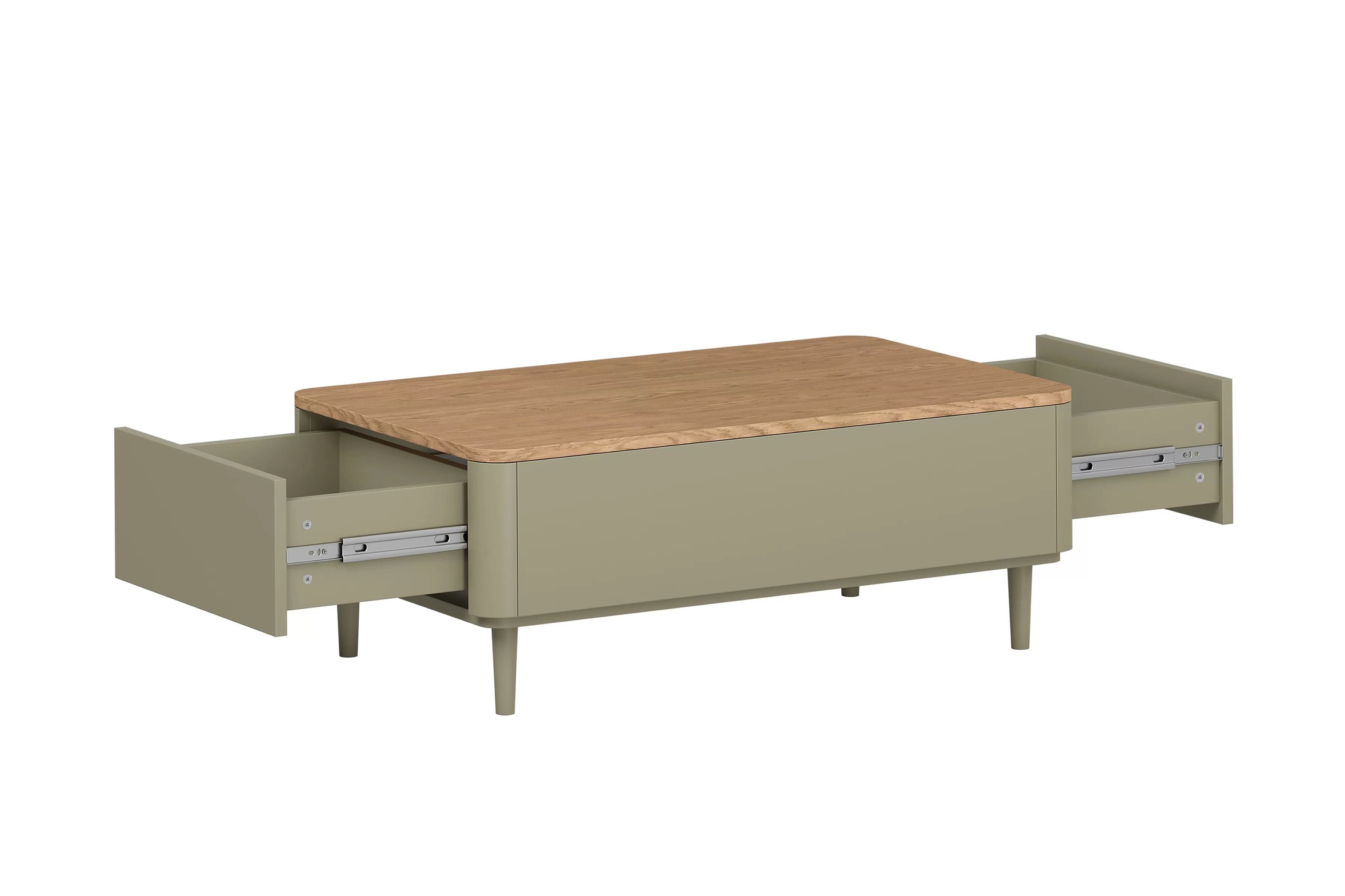 Konferenční stolek Amilio 100 cm s šuplíky na nožkách - eukalyptus / dub baltic dune Konferenční stolek Amilio 100 cm s push-to-open zásuvkami, eukalypt a dřevěná deska dąb baltic dune