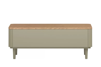 Konferenční stolek Amilio 100 cm s šuplíky na nožkách - eukalyptus / dub baltic dune Konferenční stolek Amilio se zásuvkami v barvě eukalypt a deskou dub baltic dune, pohled zepředu
