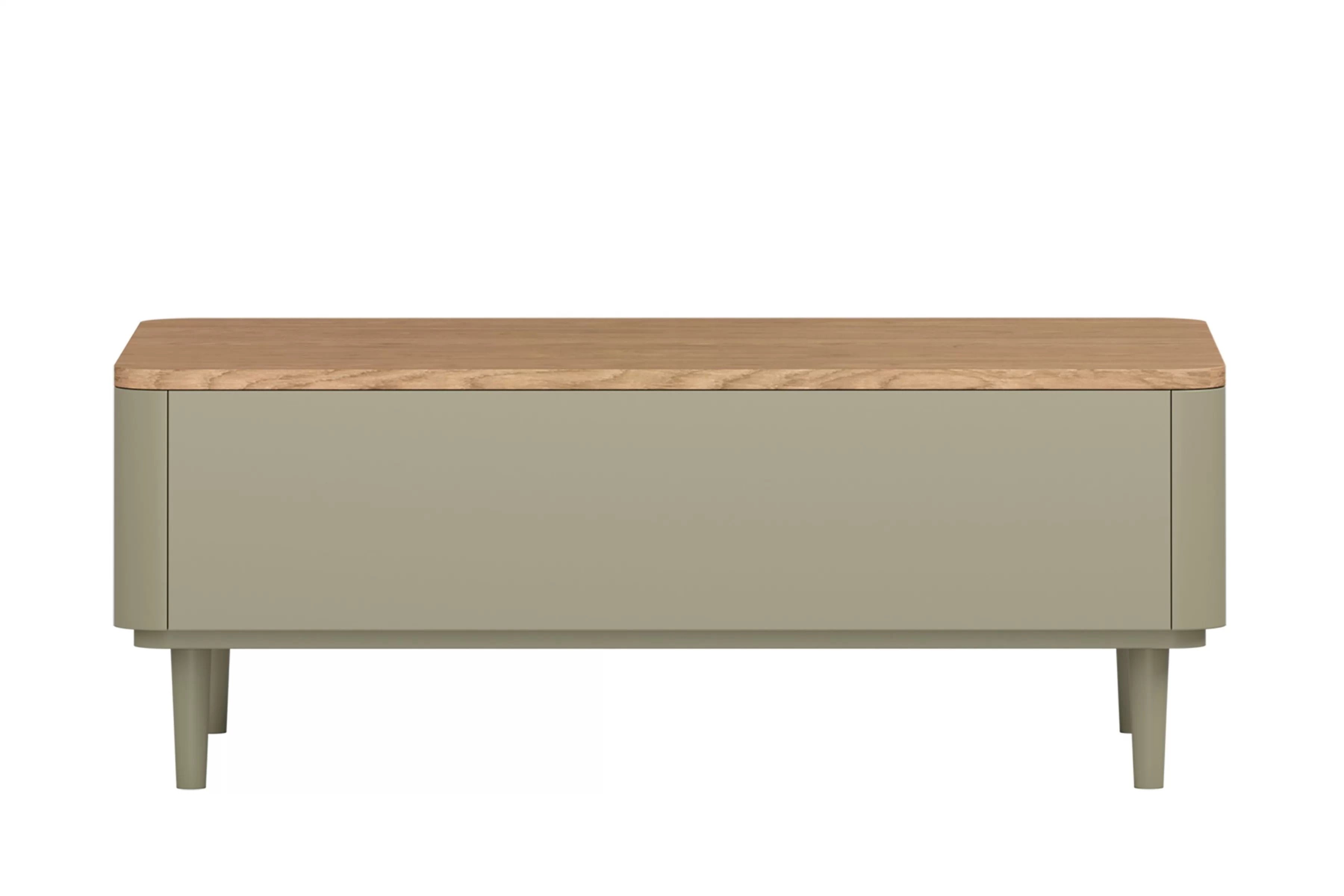 Konferenční stolek Amilio 100 cm s šuplíky na nožkách - eukalyptus / dub baltic dune Konferenční stolek Amilio se zásuvkami v barvě eukalypt a deskou dub baltic dune, pohled zepředu