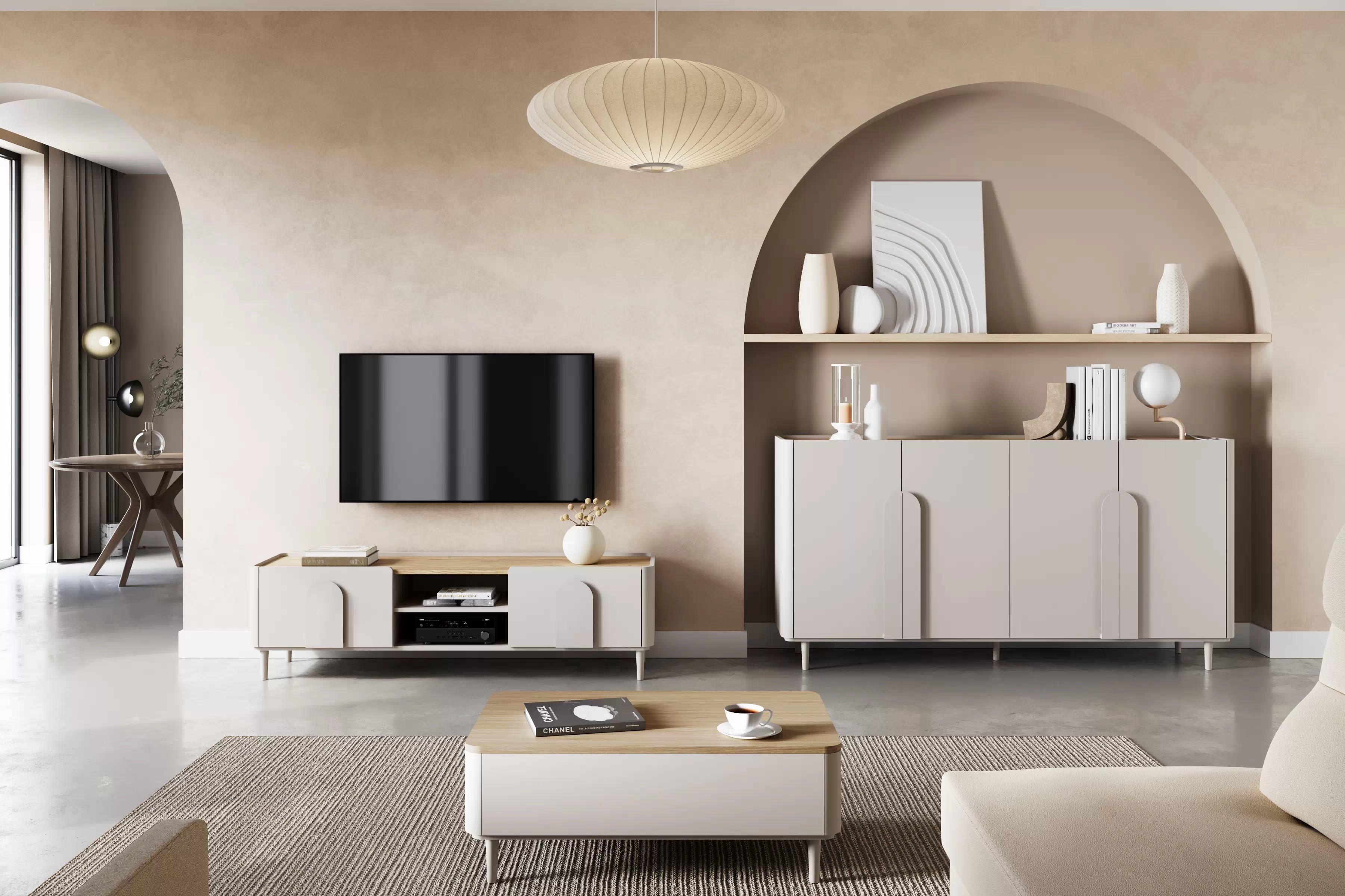 Konferenčný stolík Amilio 100 cm so zásuvkami - kašmírová / olejovaný dub Stolík kawowy Amilio 100 cm so zásuvkami na nôžkach - kašmír / Dub olejowany