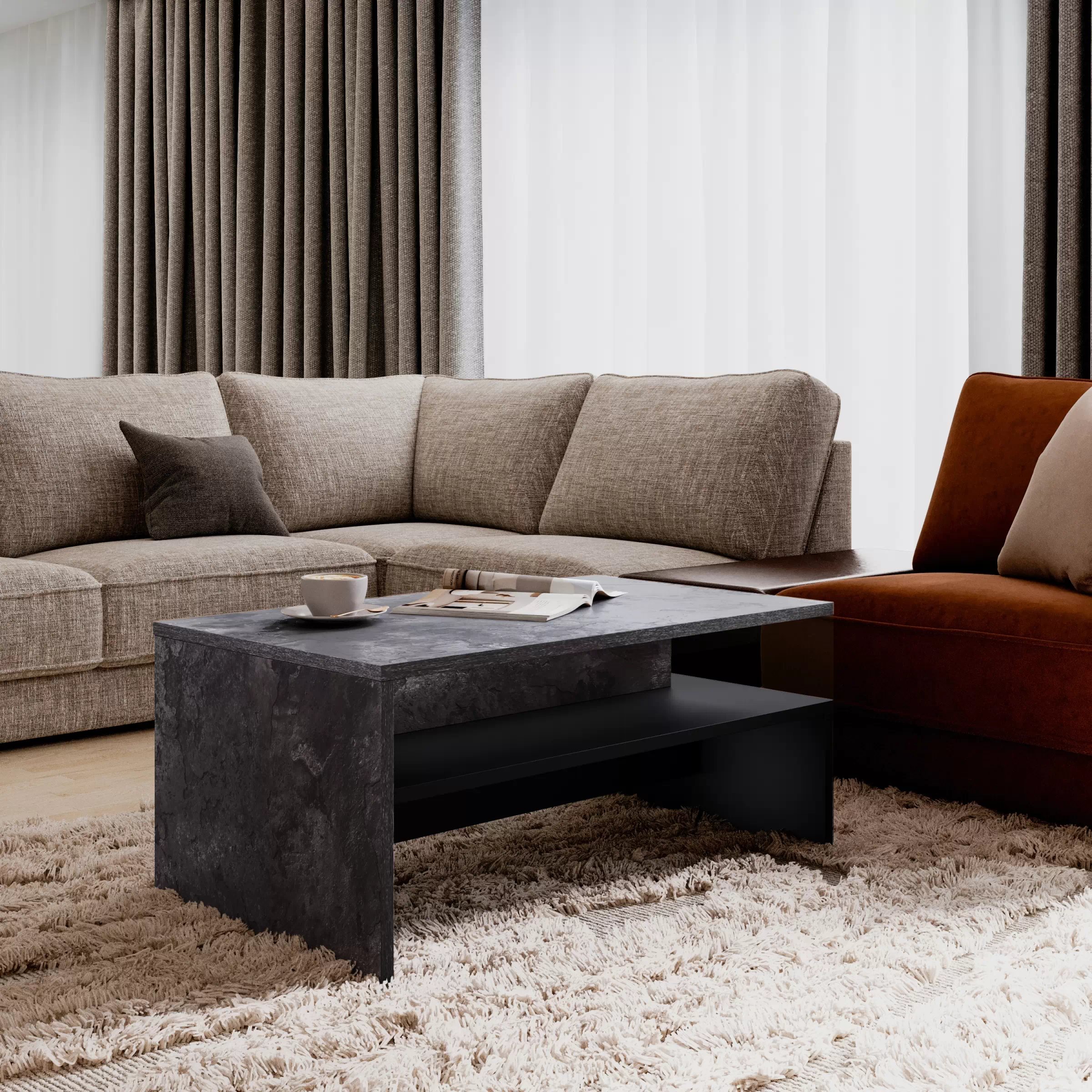 Konferenční stolek Baros 100x60 cm - tmavý beton / schiefer / černá stolek kawowy Baros 99 - 100x60 cm - tmavý beton / schiefer / černá