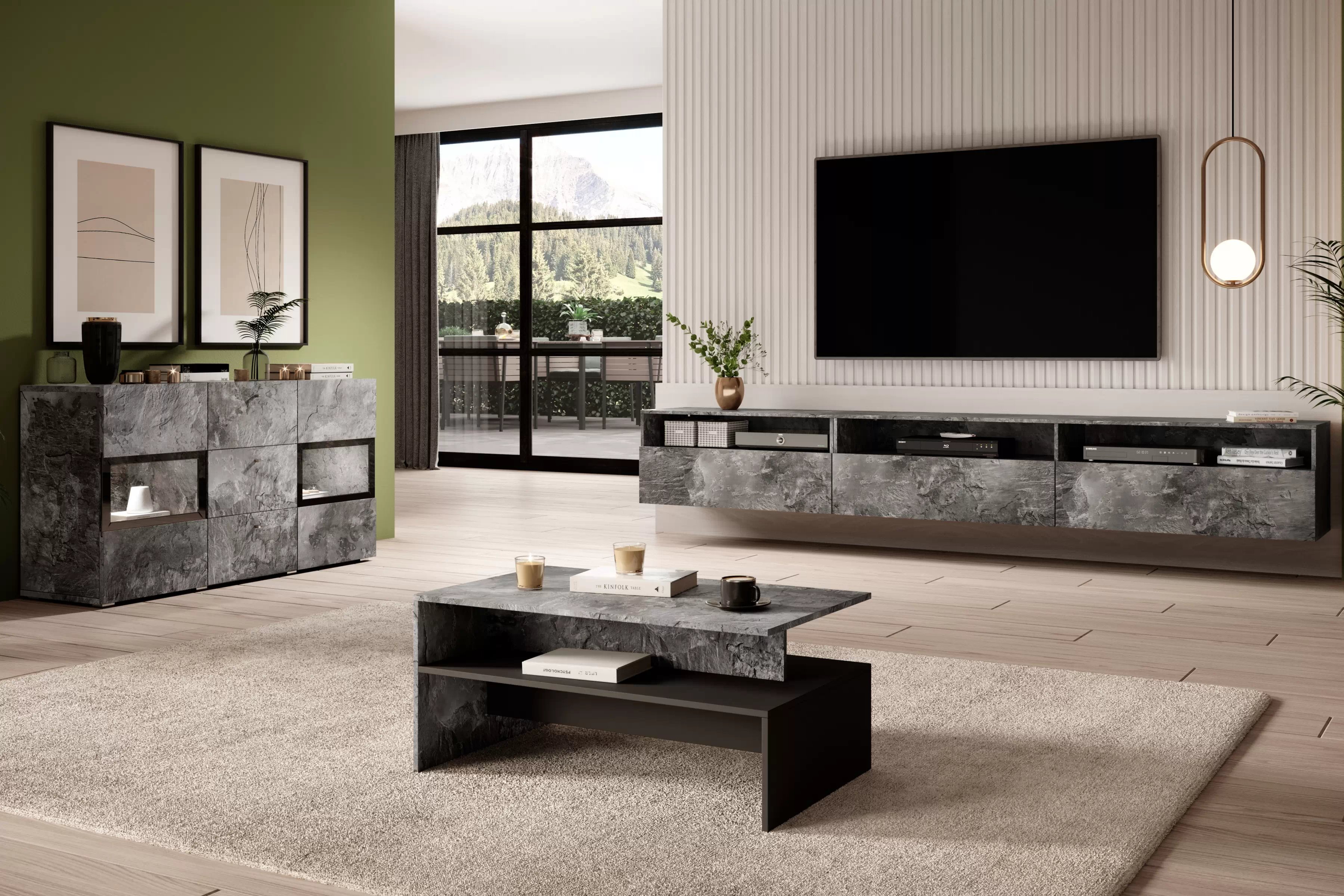 Konferenční stolek Baros 100x60 cm - tmavý beton / schiefer / černá stolek kawowy Baros 99 z polka 100 cm - tmavý beton / schiefer / černá