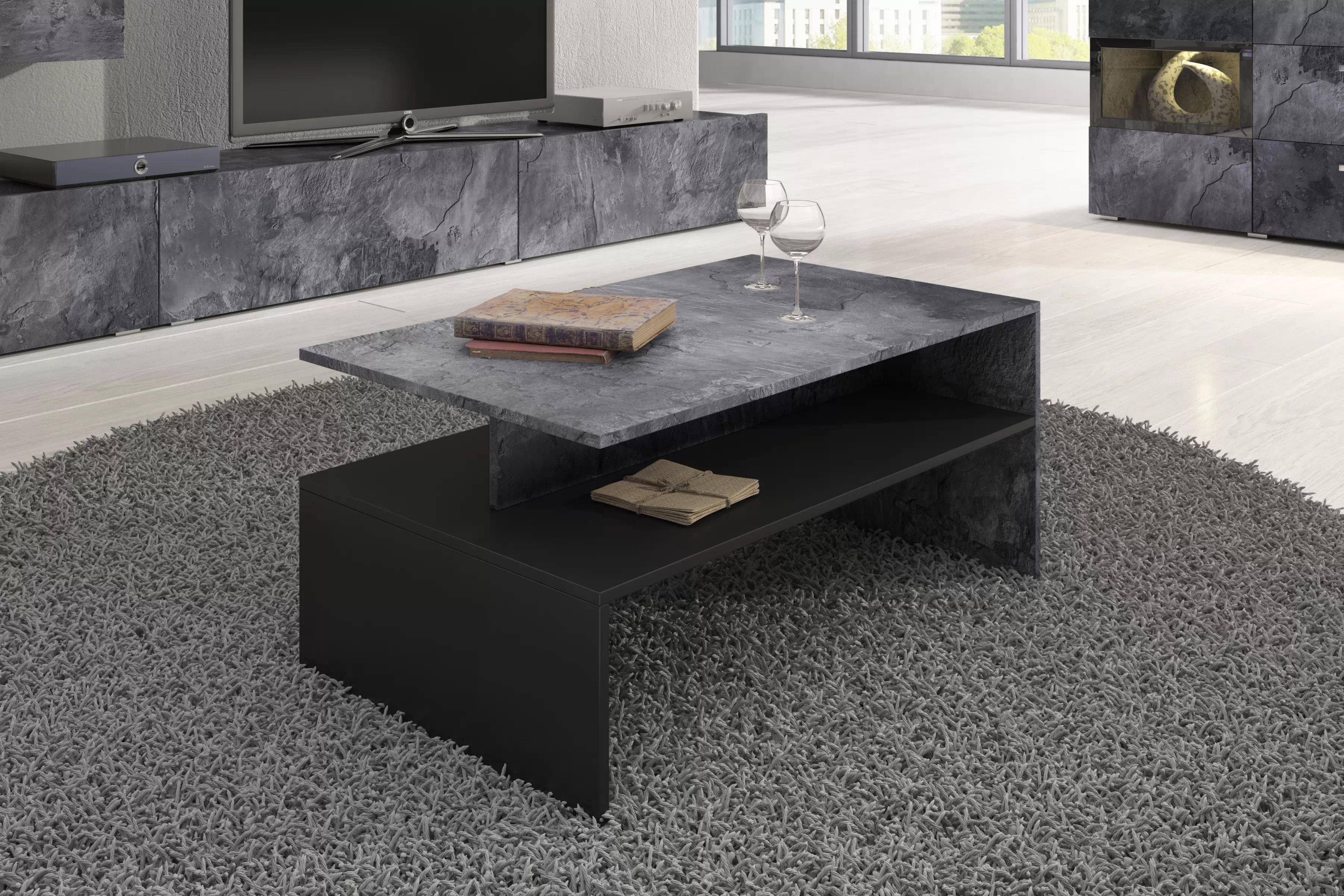 Konferenční stolek Baros 100x60 cm - tmavý beton / schiefer / černá stolek kawowy Baros 99 z polka 100 cm - tmavý beton / schiefer / černá