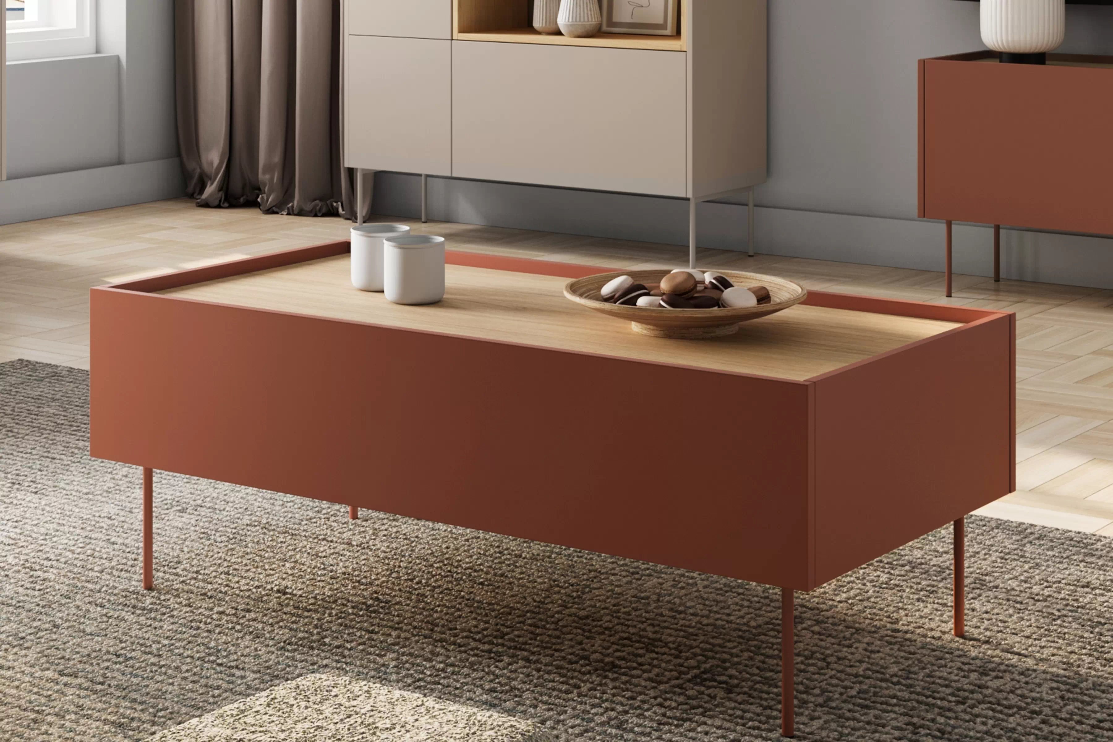 Konferenčný stolík Desin 120x60 cm - ceramic red / dub nagano Stolík kawowy Desin 120 cm so zásuvkami - ceramic red / Dub nagano