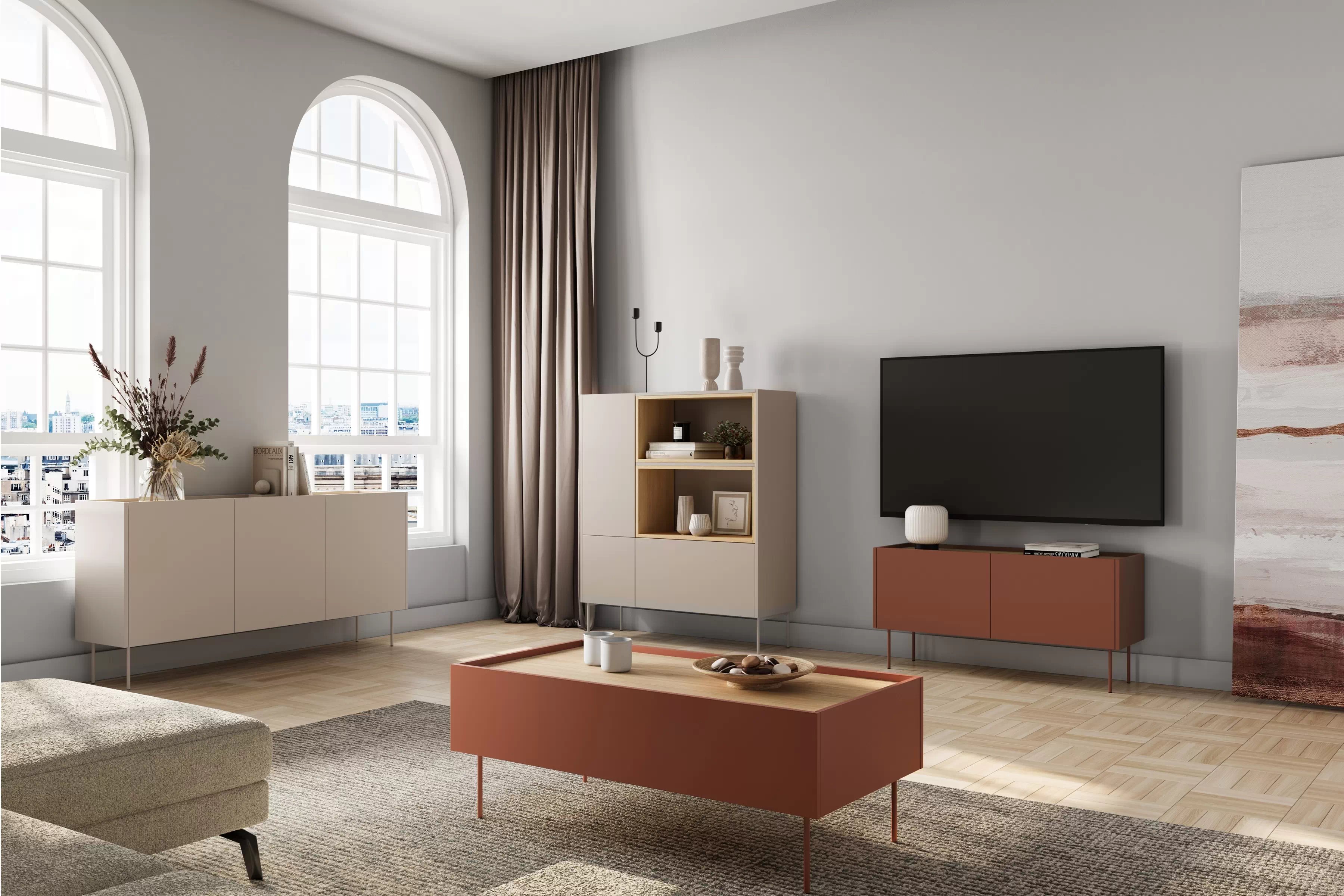 Konferenčný stolík Desin 120x60 cm - ceramic red / dub nagano Konferenčný stolík Desin 120 cm so zásuvkami i metalowymi nogami - ceramic red / Dub nagano