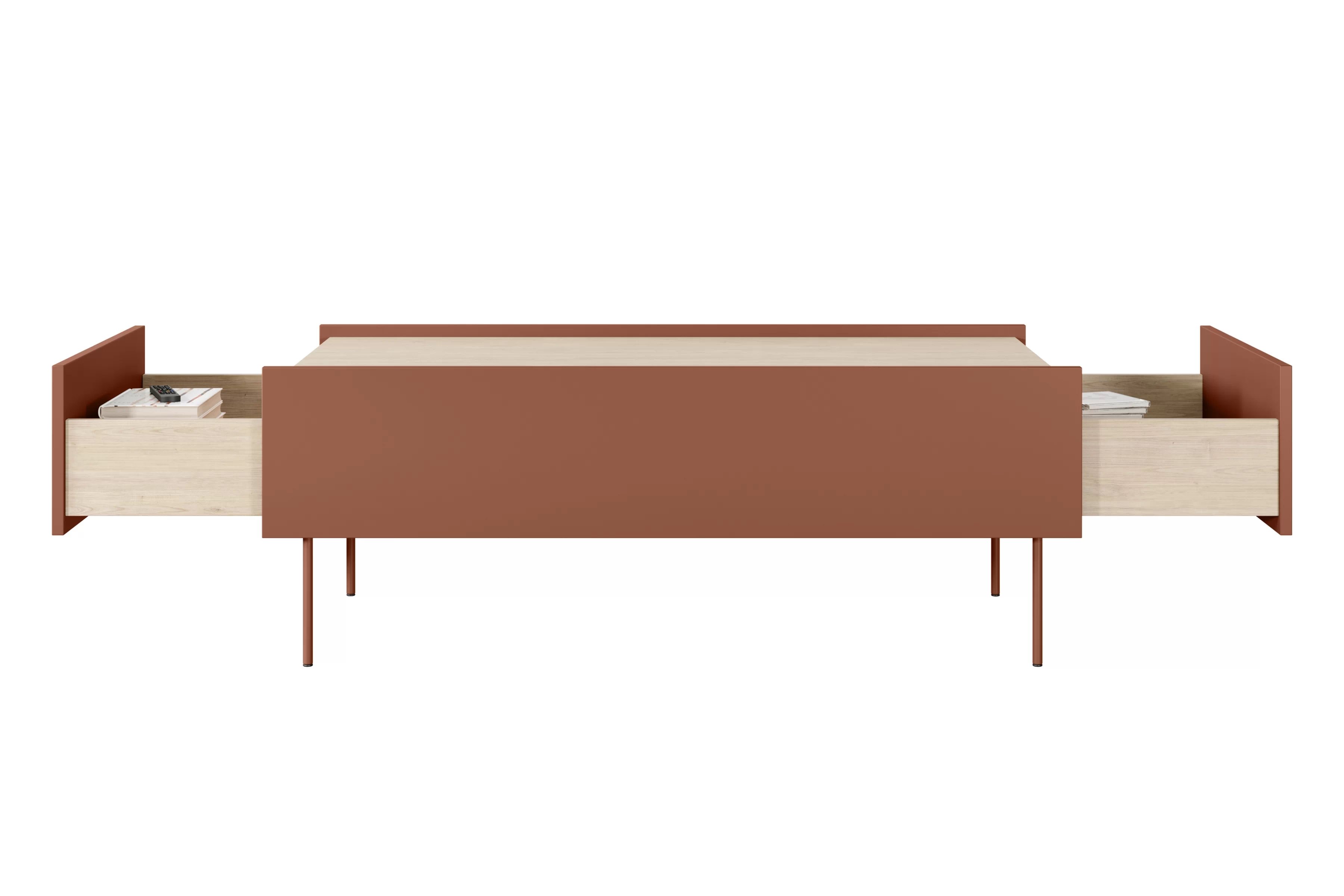 Konferenčný stolík Desin 120x60 cm - ceramic red / dub nagano Konferenčný stolík Desin 120 cm so zásuvkami i metalowymi nogami - ceramic red / Dub nagano