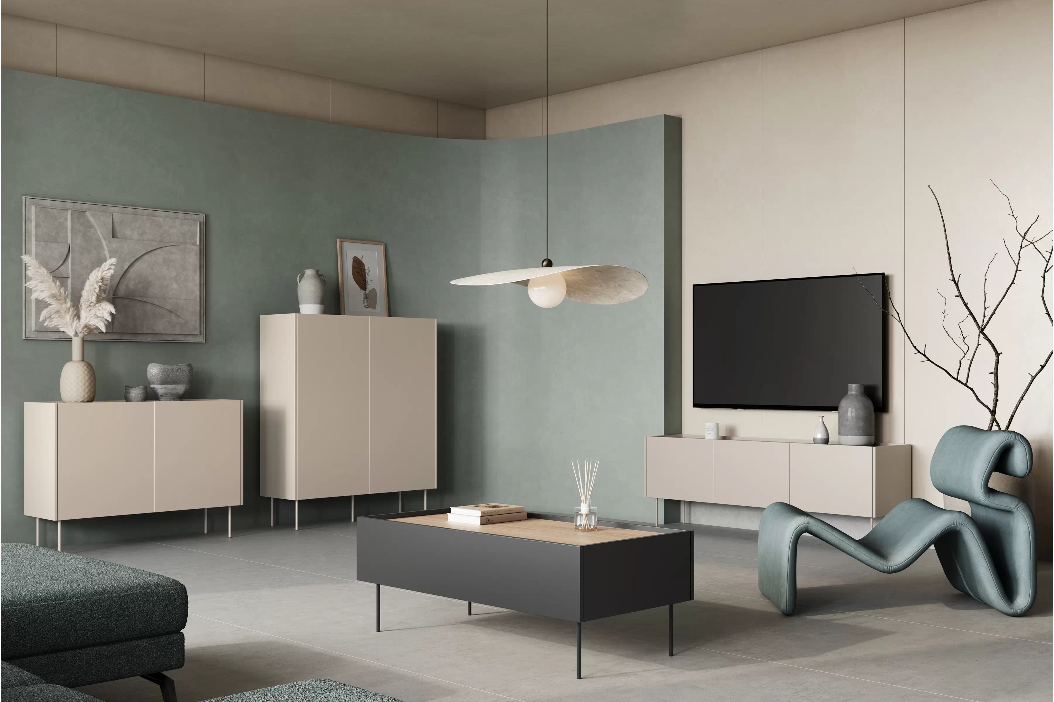 Konferenčný stolík Desin 120 cm - čierny mat / dub nagano Konferenčný stolík Desin 120 cm so zásuvkami i metalowymi nogami - Čierny mat / Dub nagano