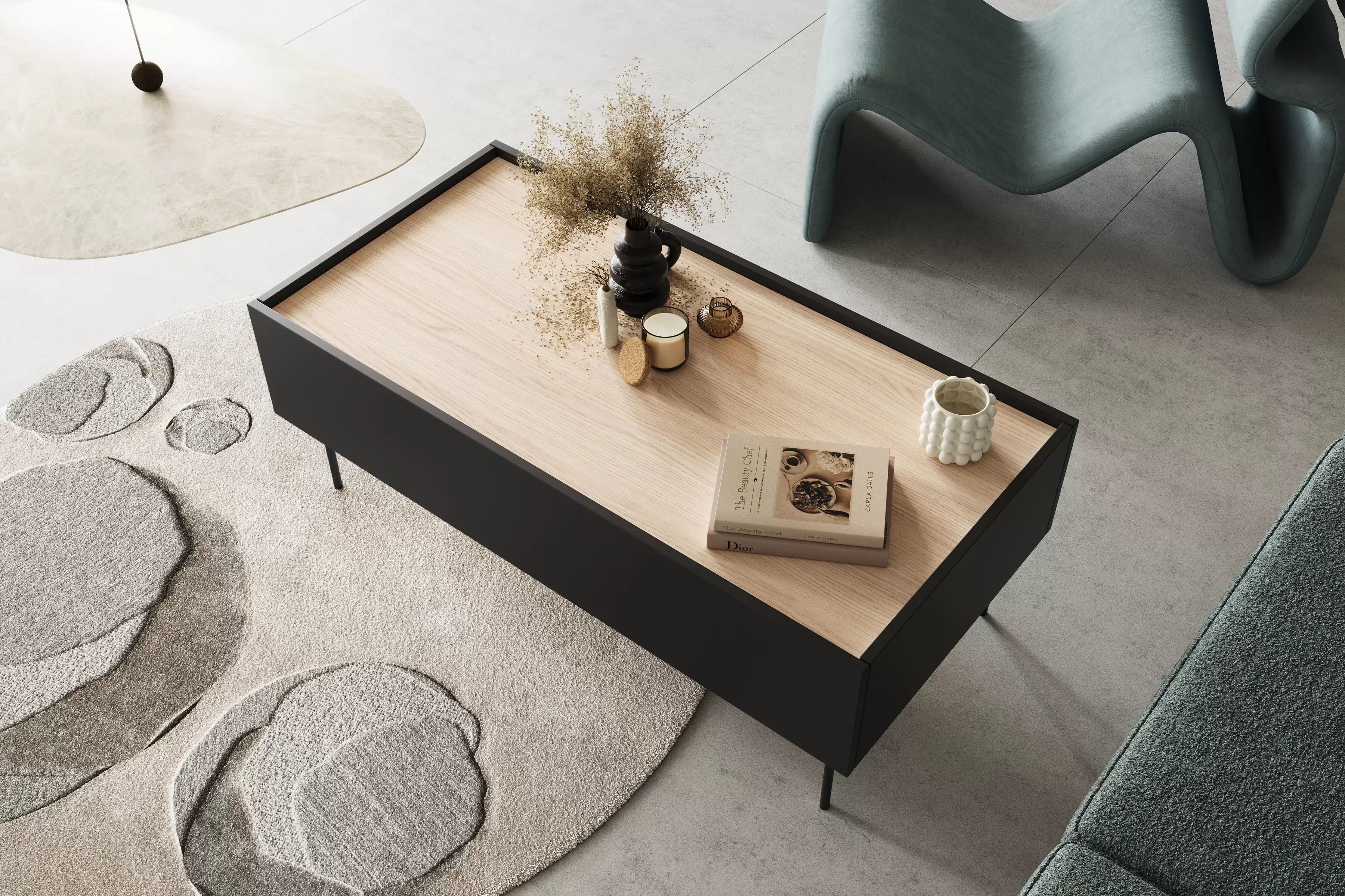 Konferenčný stolík Desin 120 cm - čierny mat / dub nagano Konferenčný stolík Desin 120 cm so zásuvkami i metalowymi nogami - Čierny mat / Dub nagano