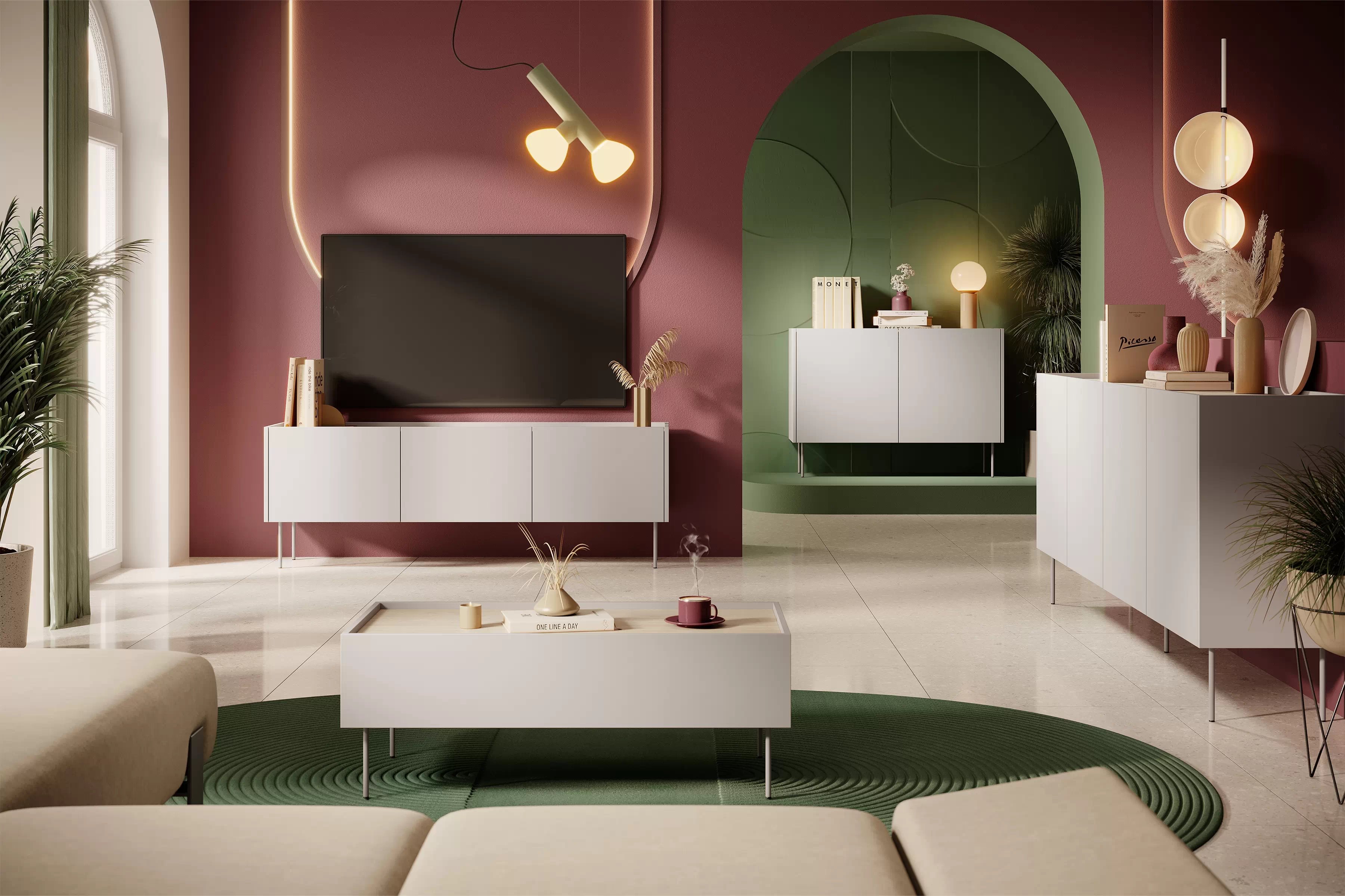 Konferenčný stolík Desin 120 cm - kašmírová / dub nagano Konferenčný stolík Desin 120 cm so zásuvkami i metalowymi nogami - kašmír / Dub nagano