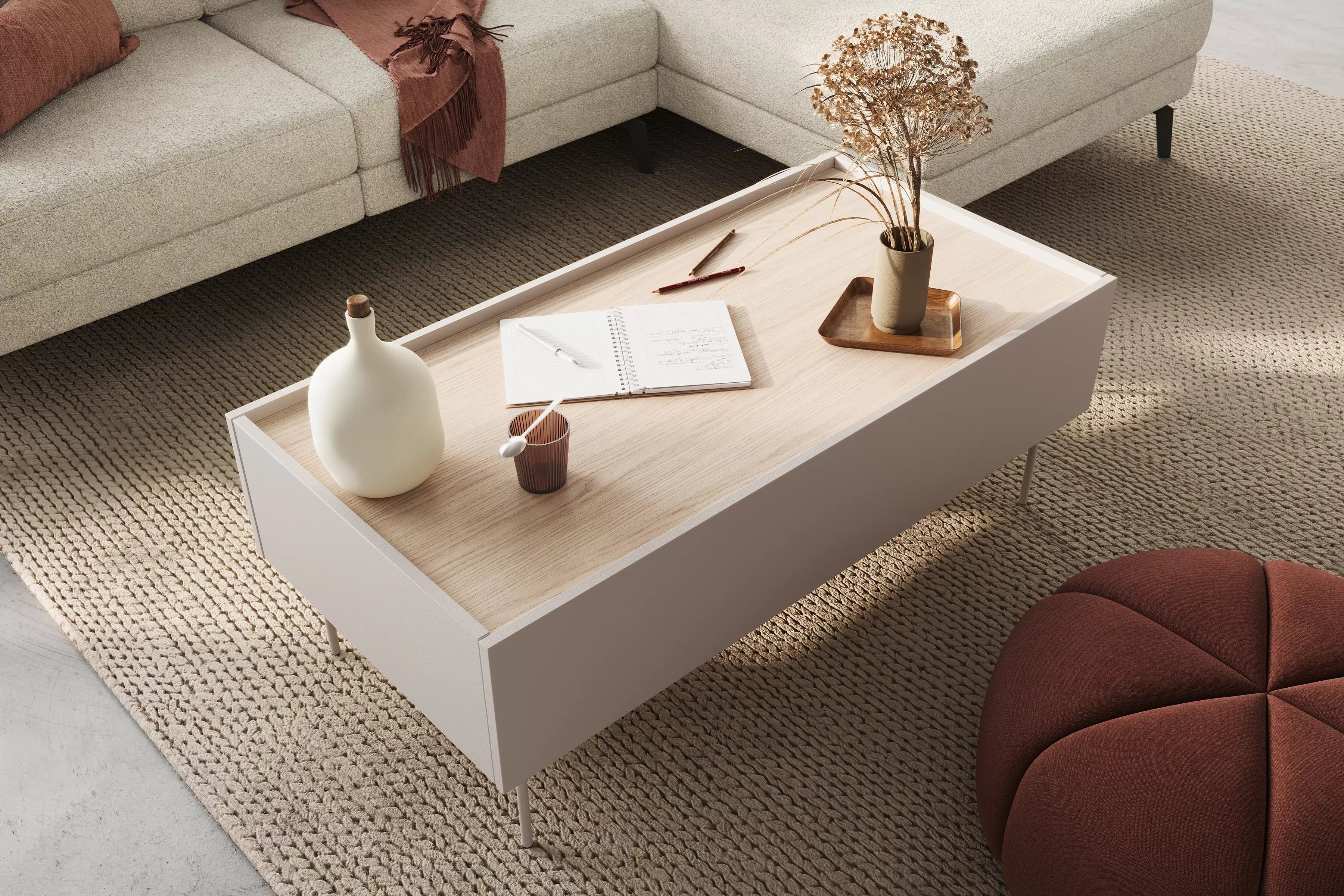 Konferenčný stolík Desin 120 cm - kašmírová / dub nagano Konferenčný stolík Desin 120 cm so zásuvkami i metalowymi nogami - kašmír / Dub nagano