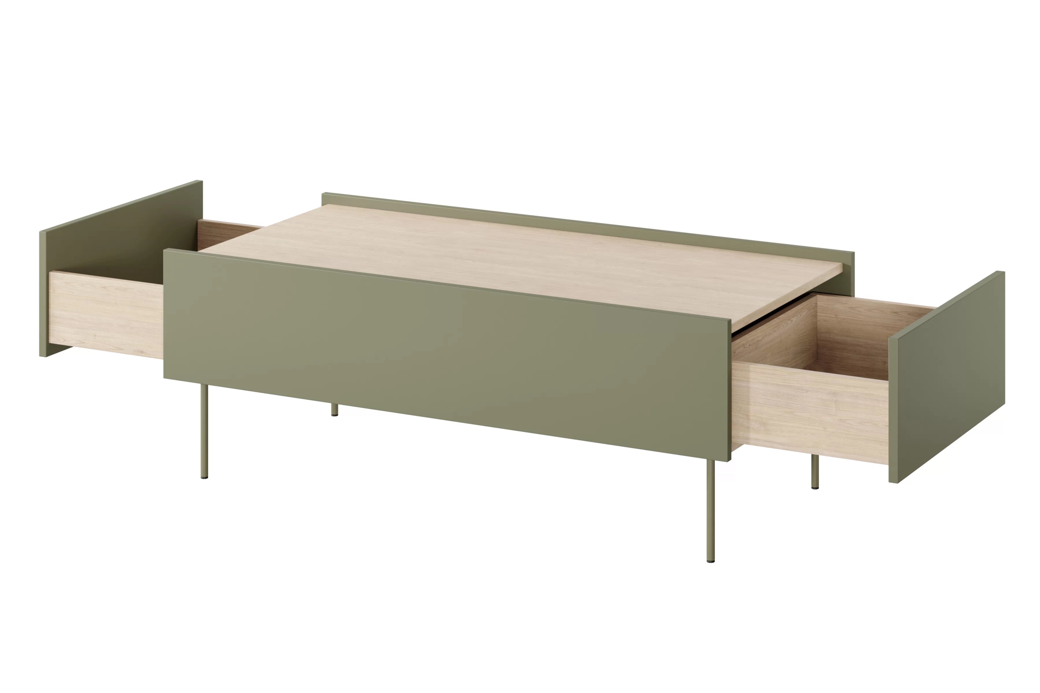 Konferenčný stolík Desin 120x60 cm - olivová / dub nagano Konferenčný stolík Desin 120 cm so zásuvkami i metalowymi nogami - Oliva / Dub nagano