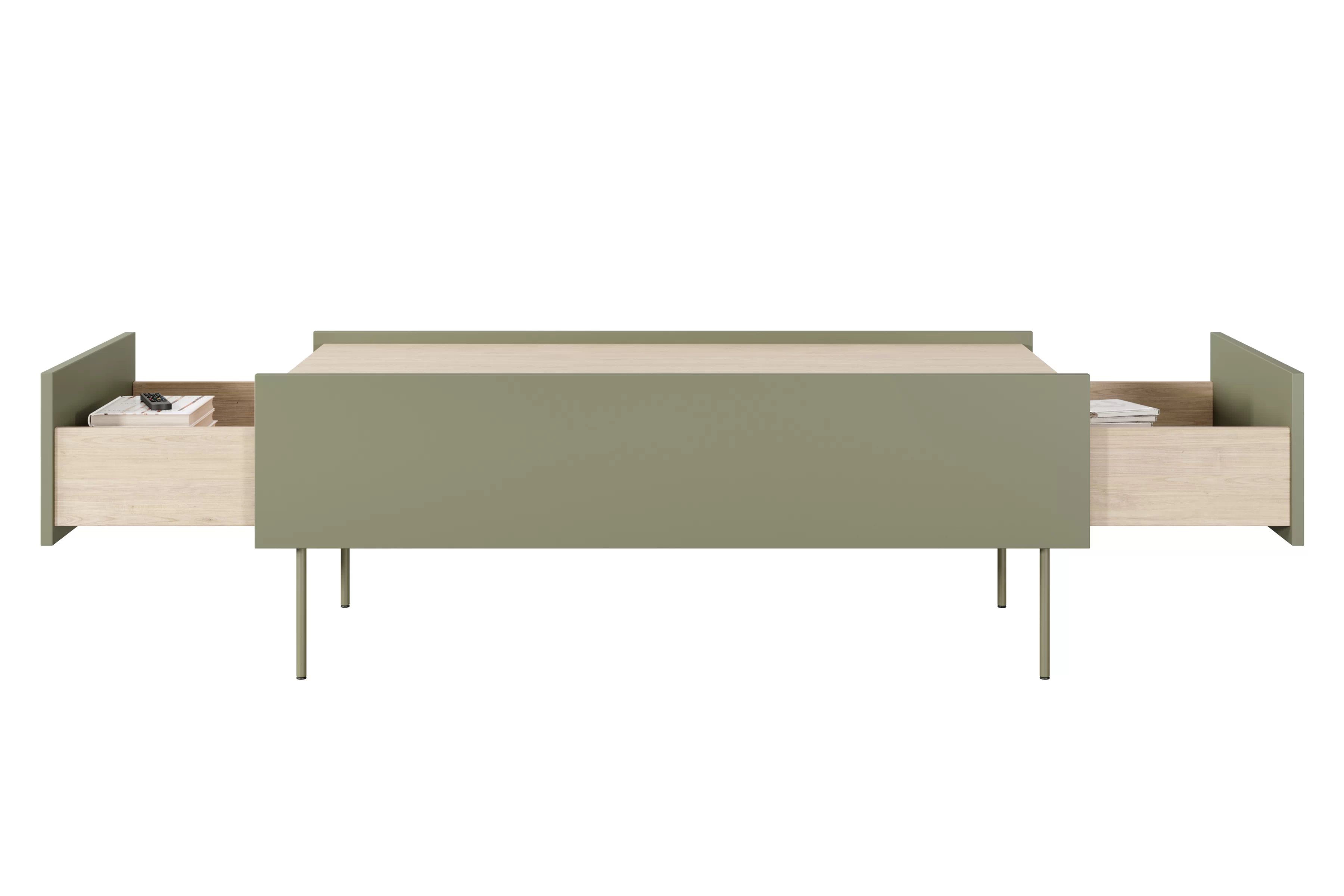 Konferenčný stolík Desin 120x60 cm - olivová / dub nagano Konferenčný stolík Desin 120 cm so zásuvkami i metalowymi nogami - Oliva / Dub nagano