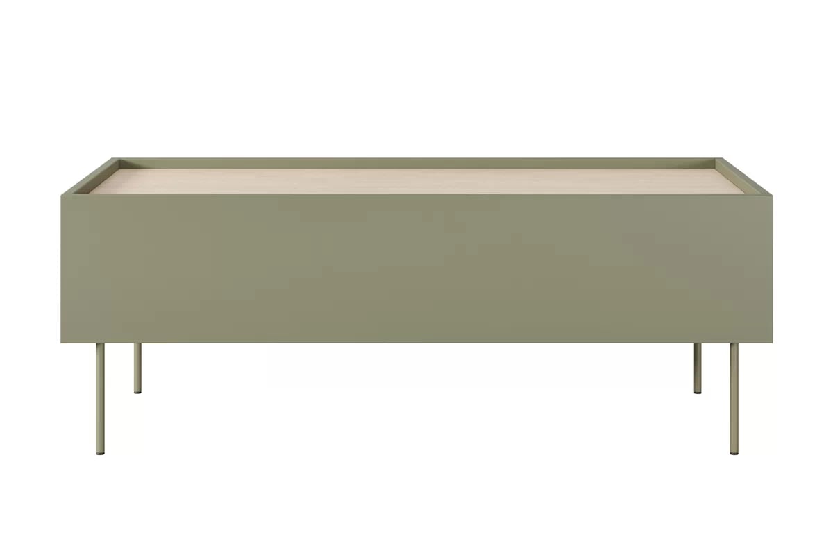 Konferenčný stolík Desin 120x60 cm - olivová / dub nagano Konferenčný stolík Desin 120 cm so zásuvkami i metalowymi nogami - Oliva / Dub nagano