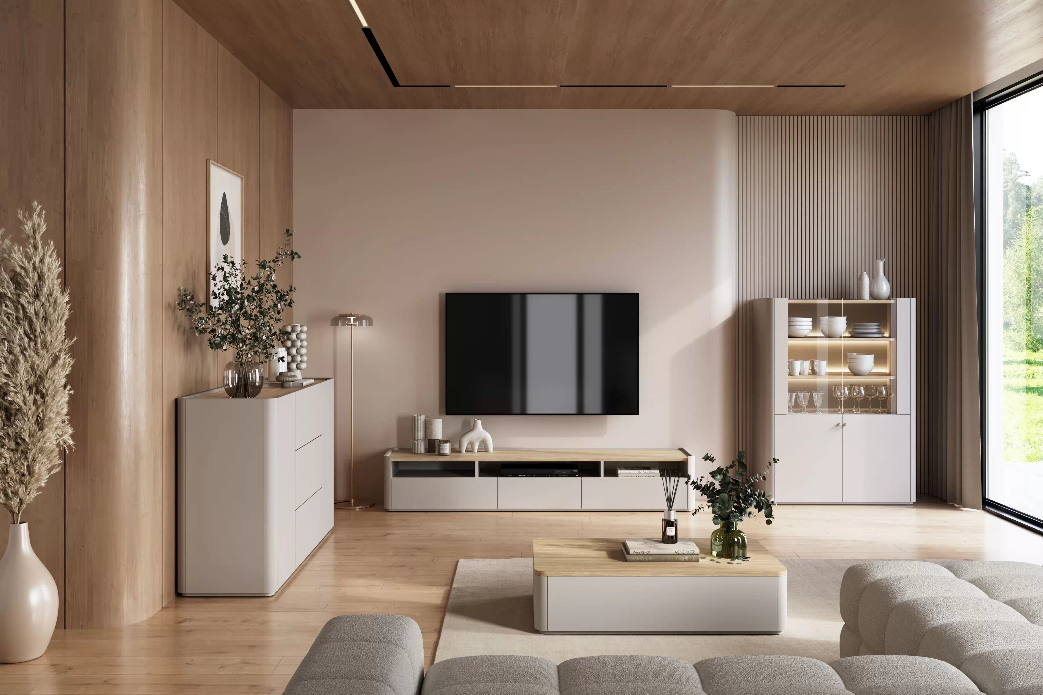 Konferenční stolek Elivo 100 cm - kašmírová / dub olejovaný stolek kawowy Elivo 100 cm se zásuvkami - kašmír / dub olejowany