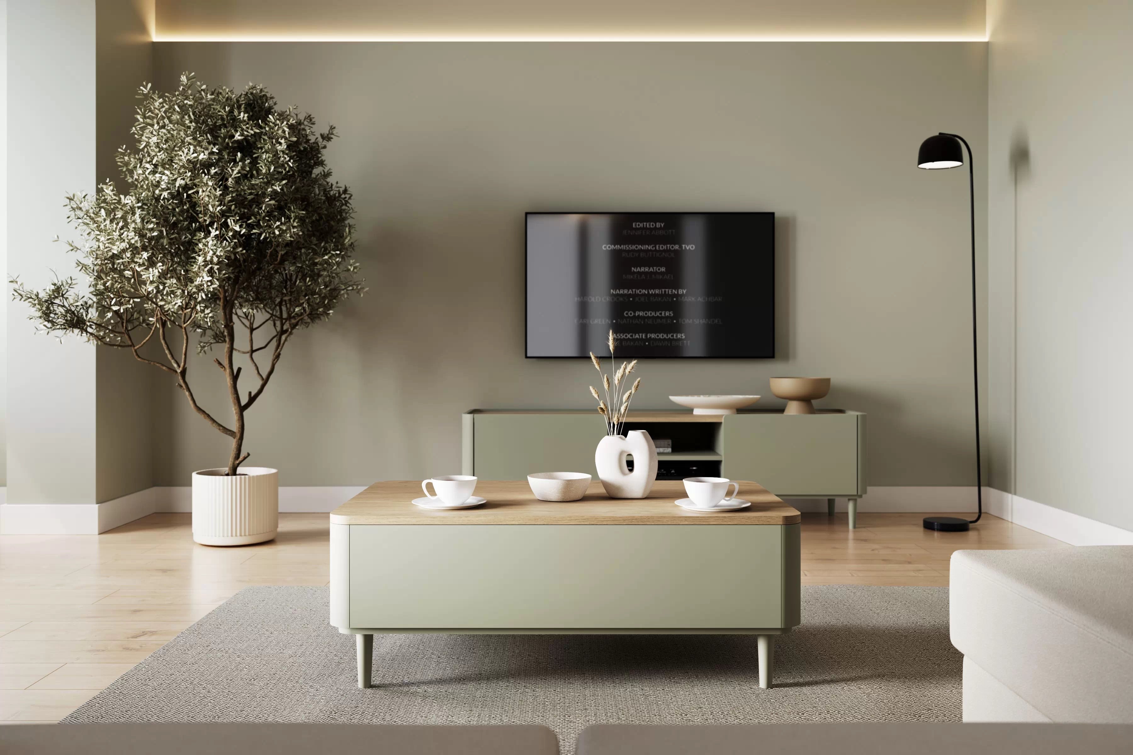 Konferenční stolek Elivo 100 cm na nožkách - eukalyptus / dub baltic dune stolek kawowy Elivo 100 cm se zásuvkami na nožkách - eukaliptus / dub baltic dune