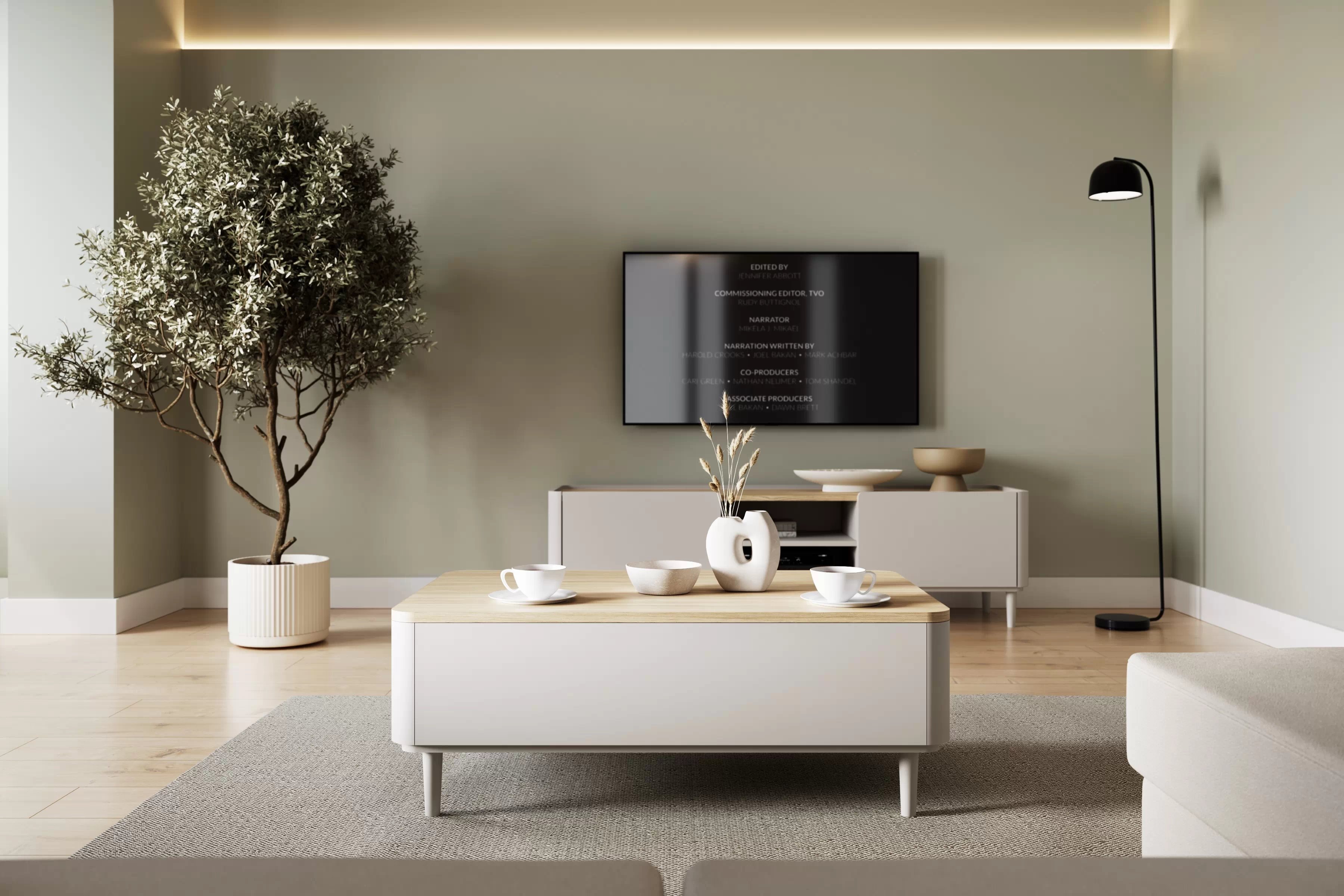 Konferenční stolek Elivo 100 cm na nožkách - kašmírová / dub olejovaný stolek kawowy Elivo 100 cm se zásuvkami na nožkách - kašmír / dub olejowany