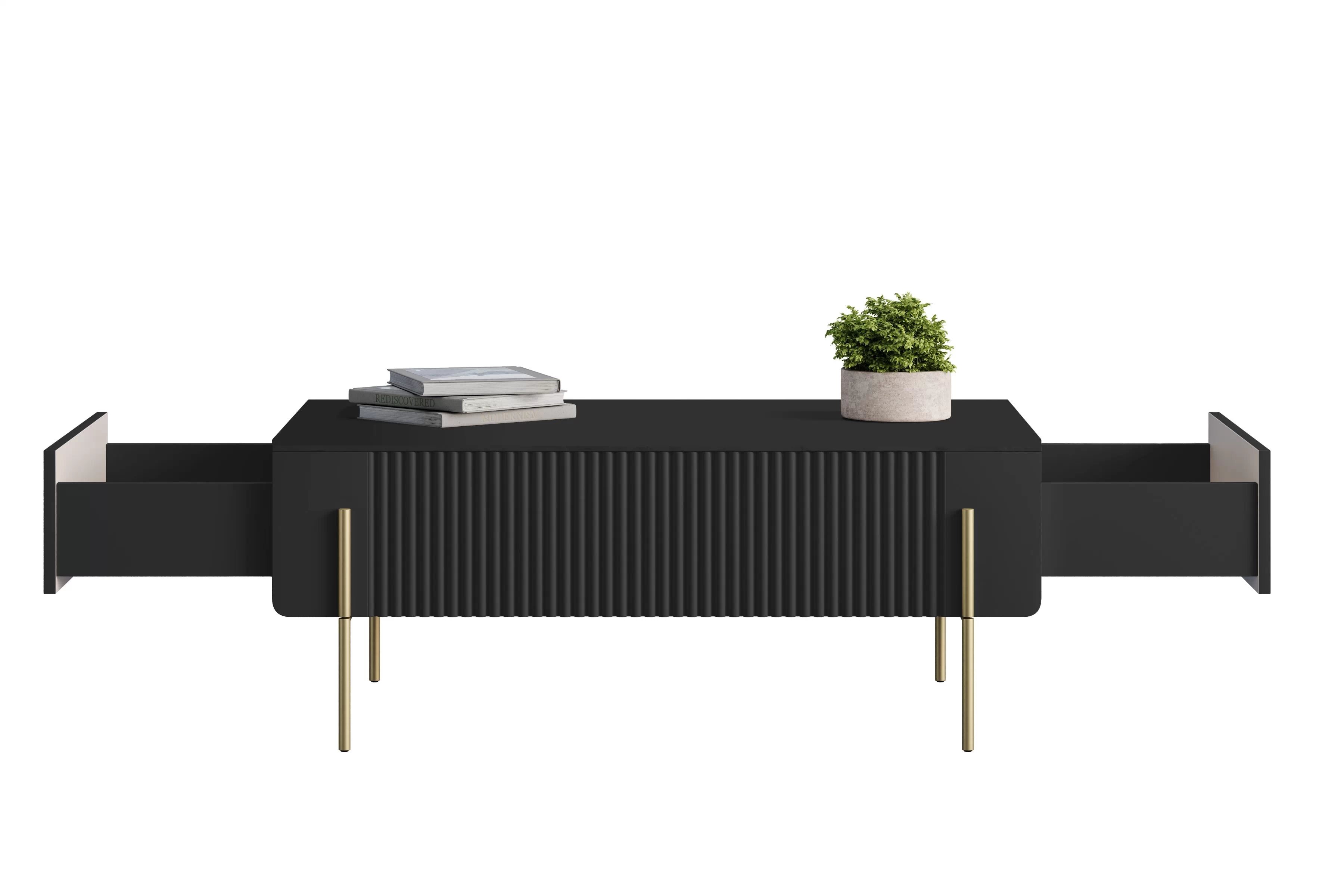 Konferenčný stolík Malmi 100 cm - čierny mat / zlatá Stolík kawowy Malmi 100 cm so zásuvkami - Čierny mat / zlote nozki