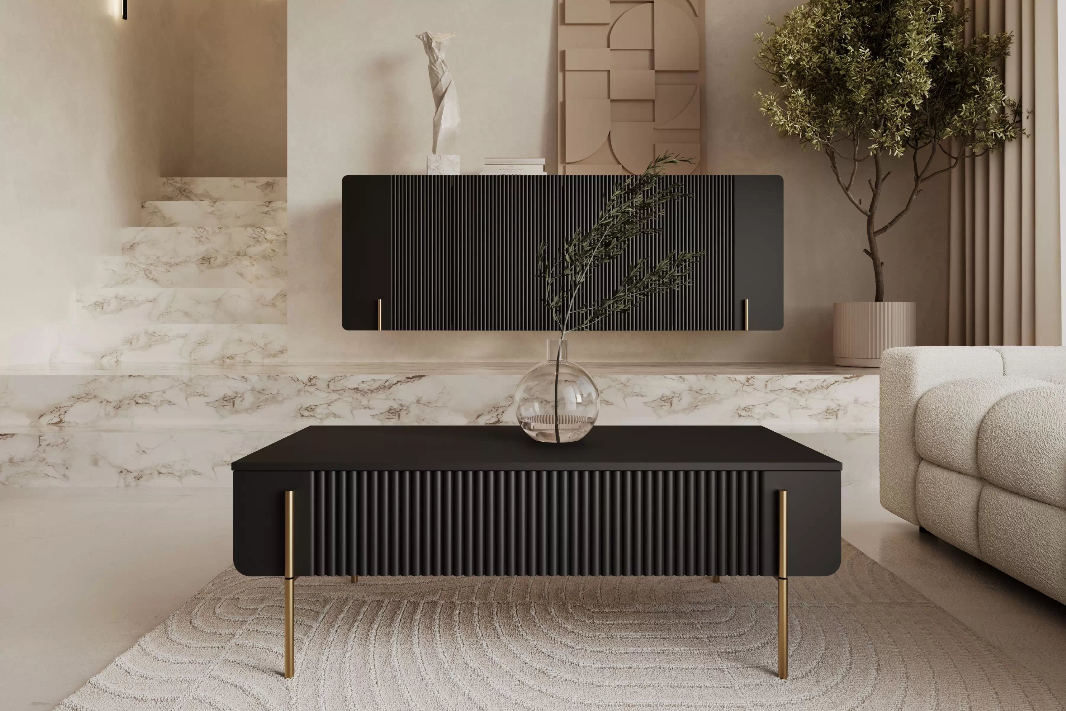 Konferenčný stolík Malmi 100 cm - čierny mat / zlatá Stolík kawowy Malmi 100 cm so zásuvkami - Čierny mat / zlote nozki