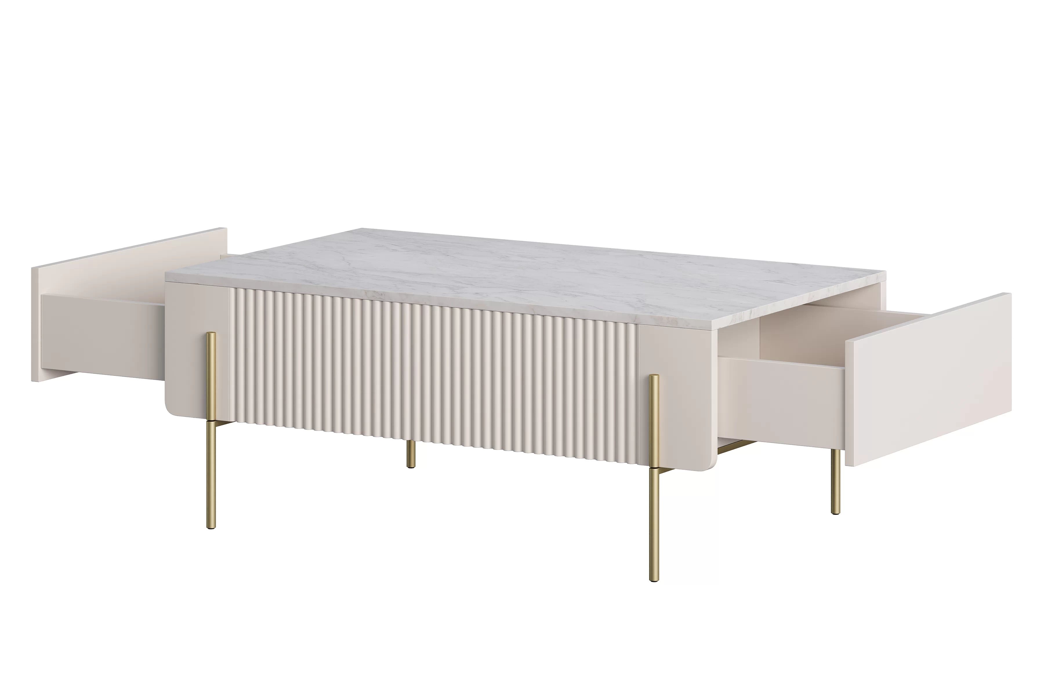 Konferenčný stolík Malmi 100 cm - kašmírová / crema bianca / zlatá Konferenčný stolík Malmi 100 cm so zásuvkami - kašmír / crema bianca / zlote nozki