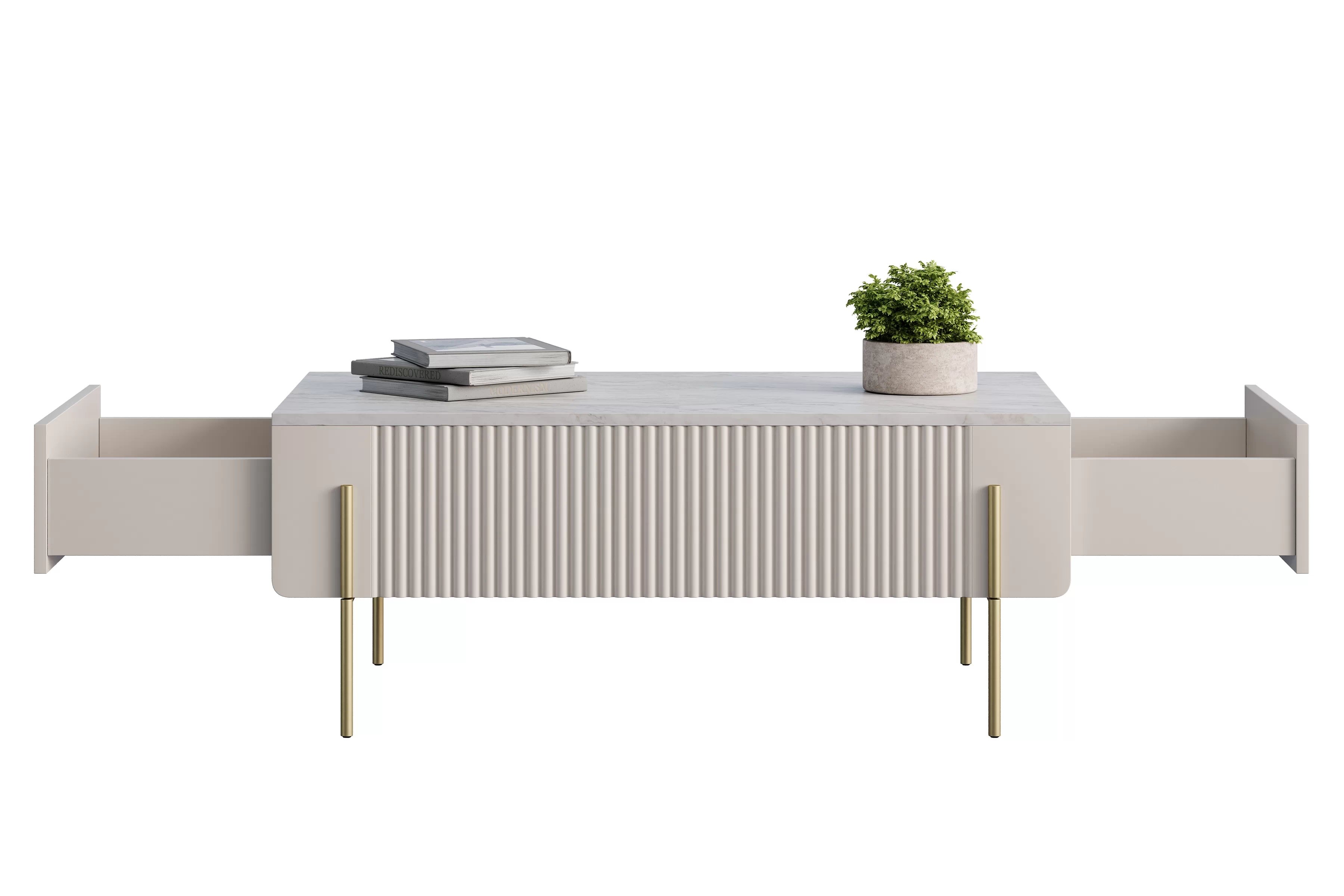 Konferenčný stolík Malmi 100 cm - kašmírová / crema bianca / zlatá Konferenčný stolík Malmi 100 cm so zásuvkami - kašmír / crema bianca / zlote nozki