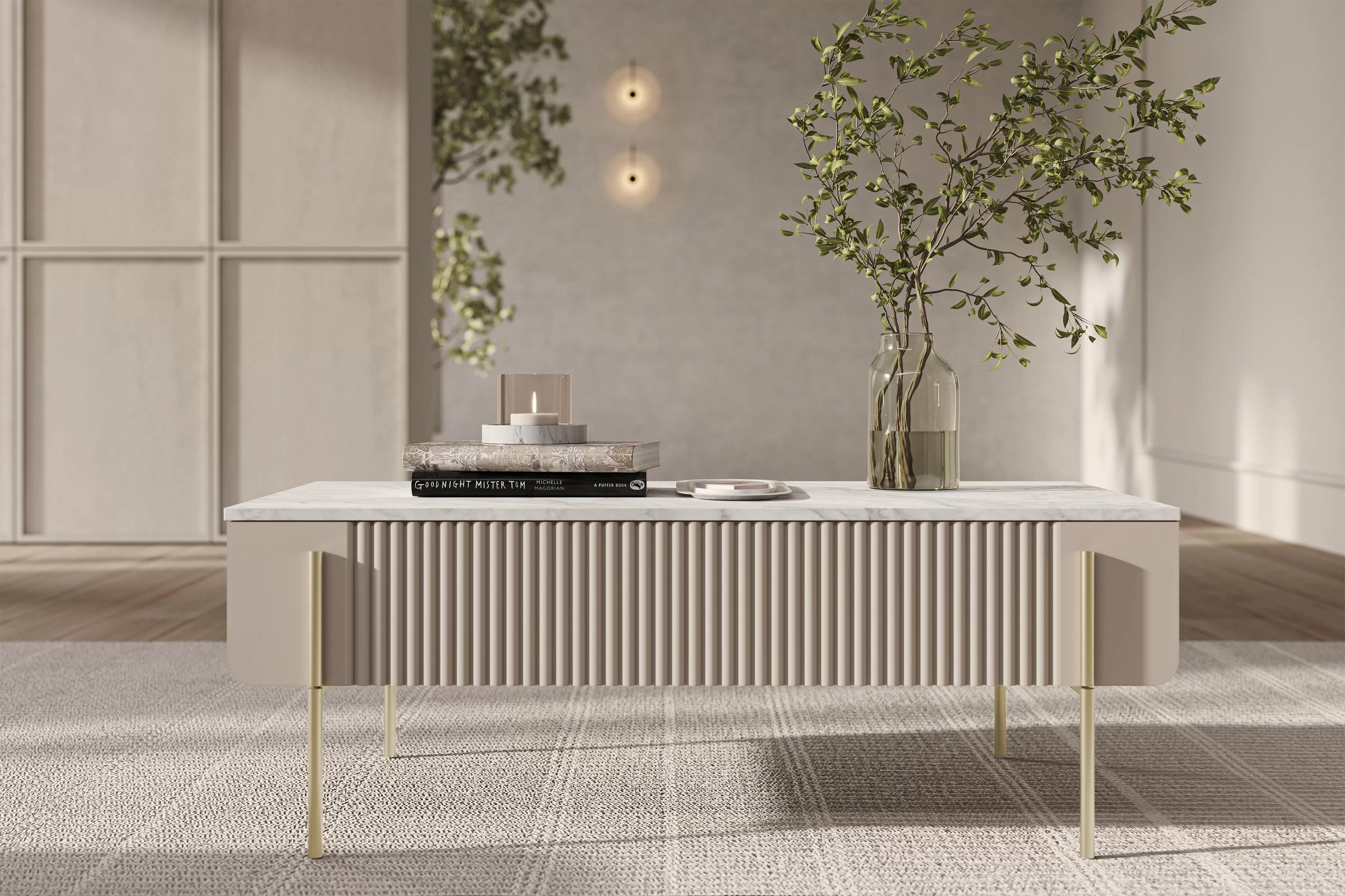 Konferenčný stolík Malmi 100 cm - kašmírová / crema bianca / zlatá Konferenčný stolík Malmi 100 cm so zásuvkami - kašmír / crema bianca / zlote nozki