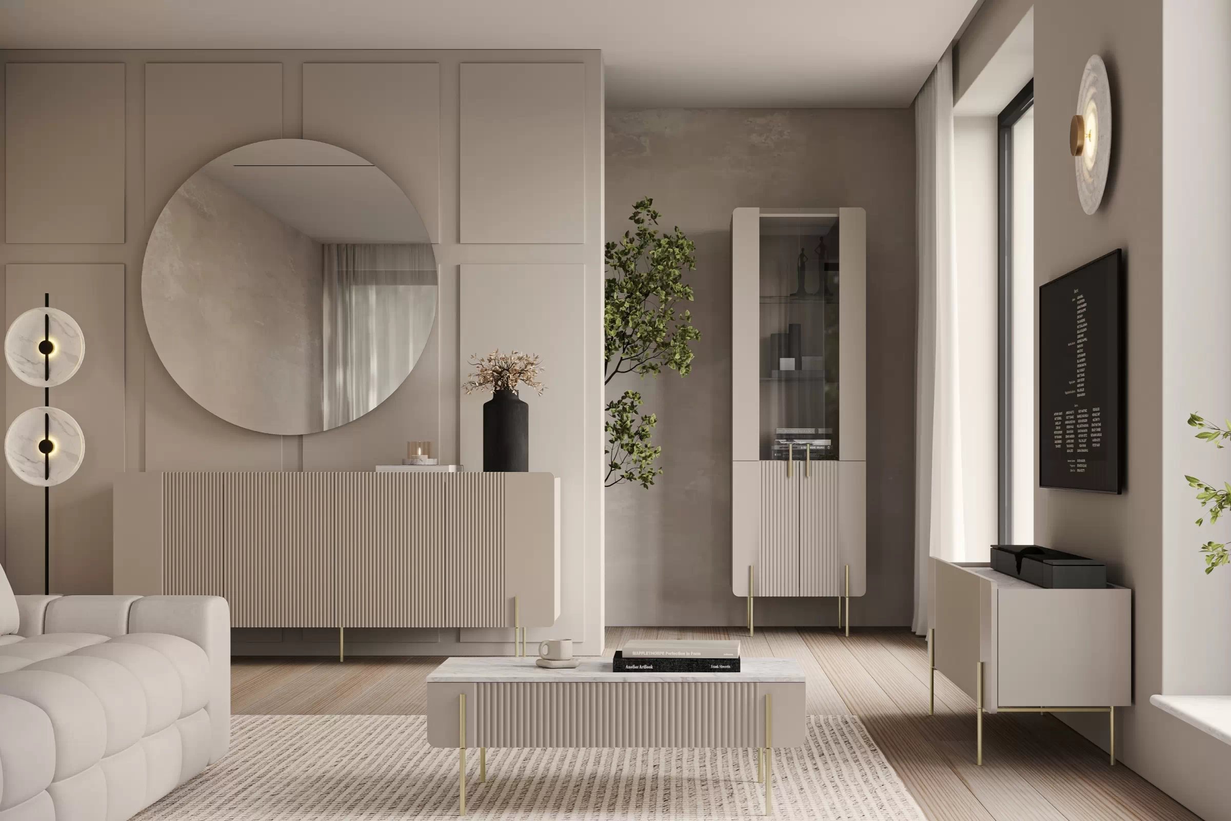 Konferenčný stolík Malmi 100 cm - kašmírová / crema bianca / zlatá Konferenčný stolík Malmi 100 cm so zásuvkami - kašmír / crema bianca / zlote nozki