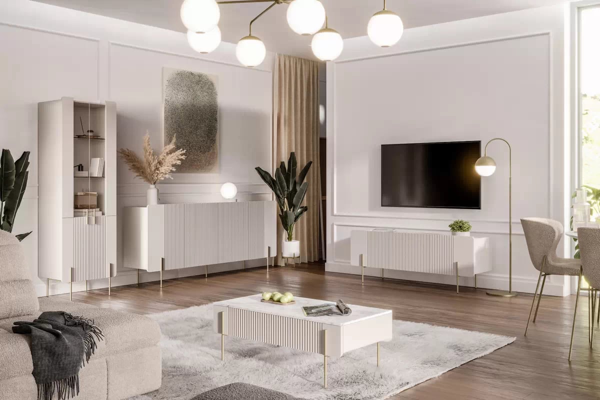 Konferenčný stolík Malmi 100 cm - kašmírová / crema bianca / zlatá Konferenčný stolík Malmi so zásuvkami i metalowymi nogami - kašmír / crema bianca / zlote nozki