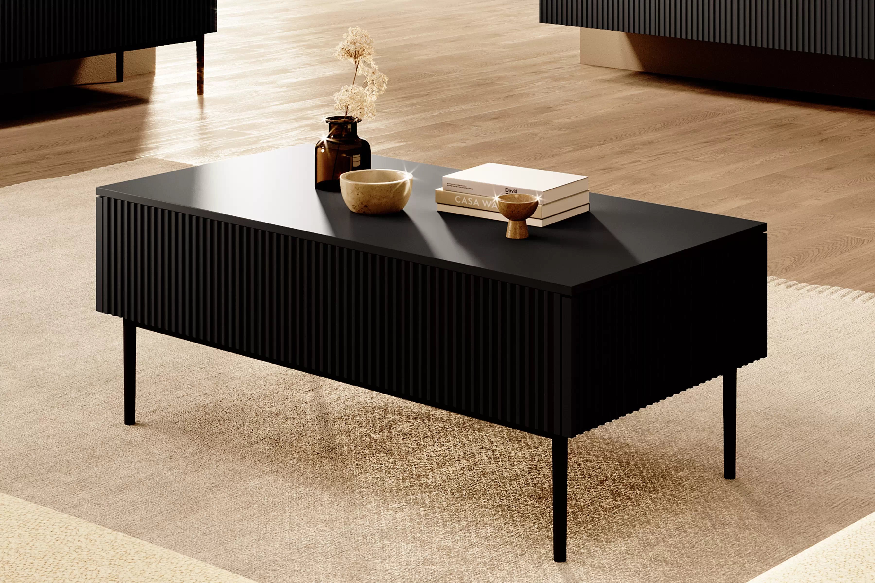 Konferenční stolek Nicole 120 cm - černý mat / černé nožky stolek kawowy Nicole se zásuvkami i metalowymi nogami - černá mat / černá nozki